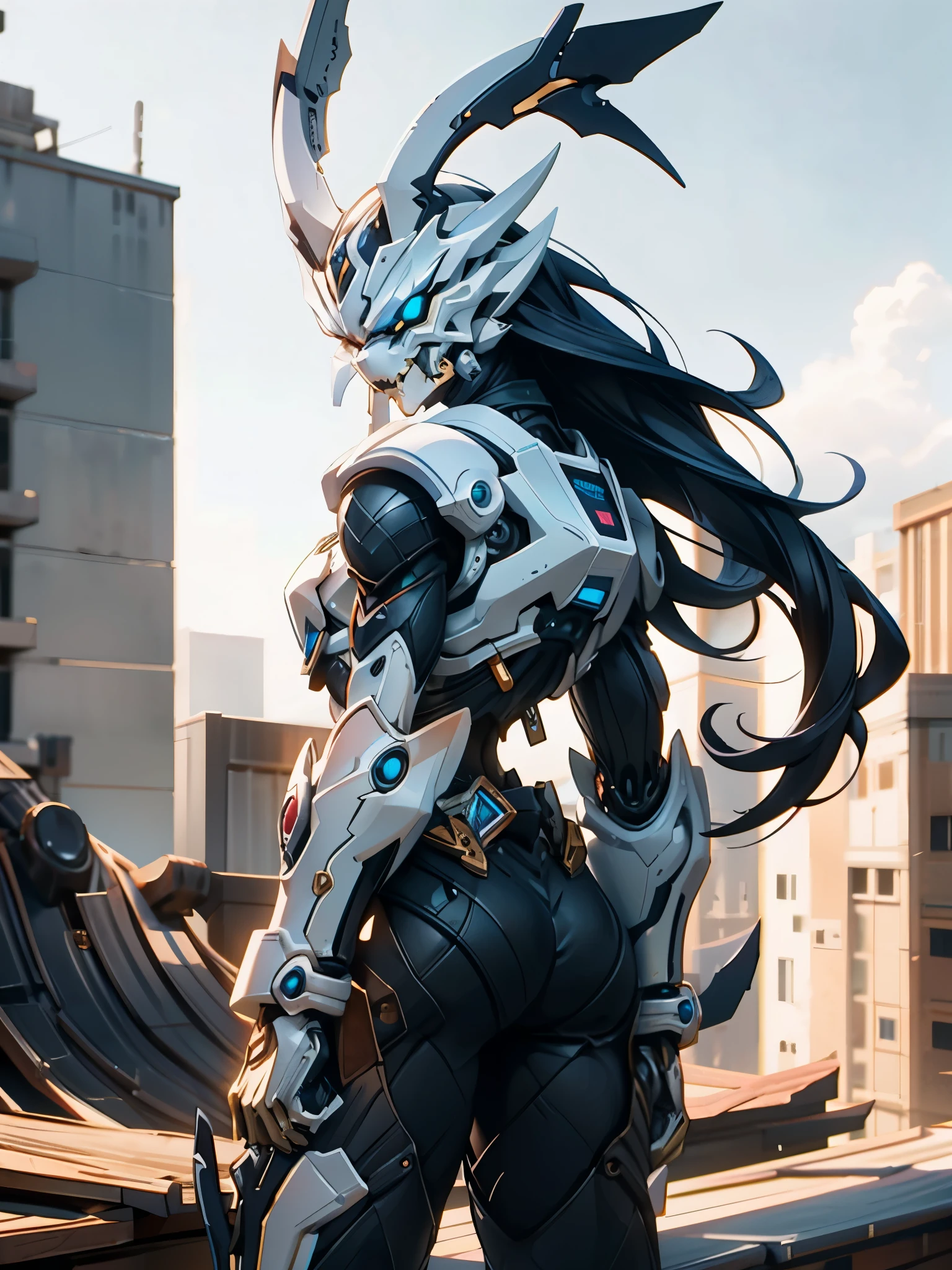 A superhero, a high-tech biotech battle suit, standing on a rooftop, looking over the city, Japanese tokusatsu and American comic style, biometallic texture of the suit, sleek and shiny, dynamic, metallic, sophisticated design, symmetrical face, extremely detailed eyes and face, high quality eyes, high definition, best quality, highres, ultra-detailed, ultra-fine painting, exquisite and mature, extremely delicate, professional, anatomically correct, creativity, UHD, HDR, 32k, Natural light, cinematic lighting, best shadow, masterpiece-anatomy-perfect, masterpiece