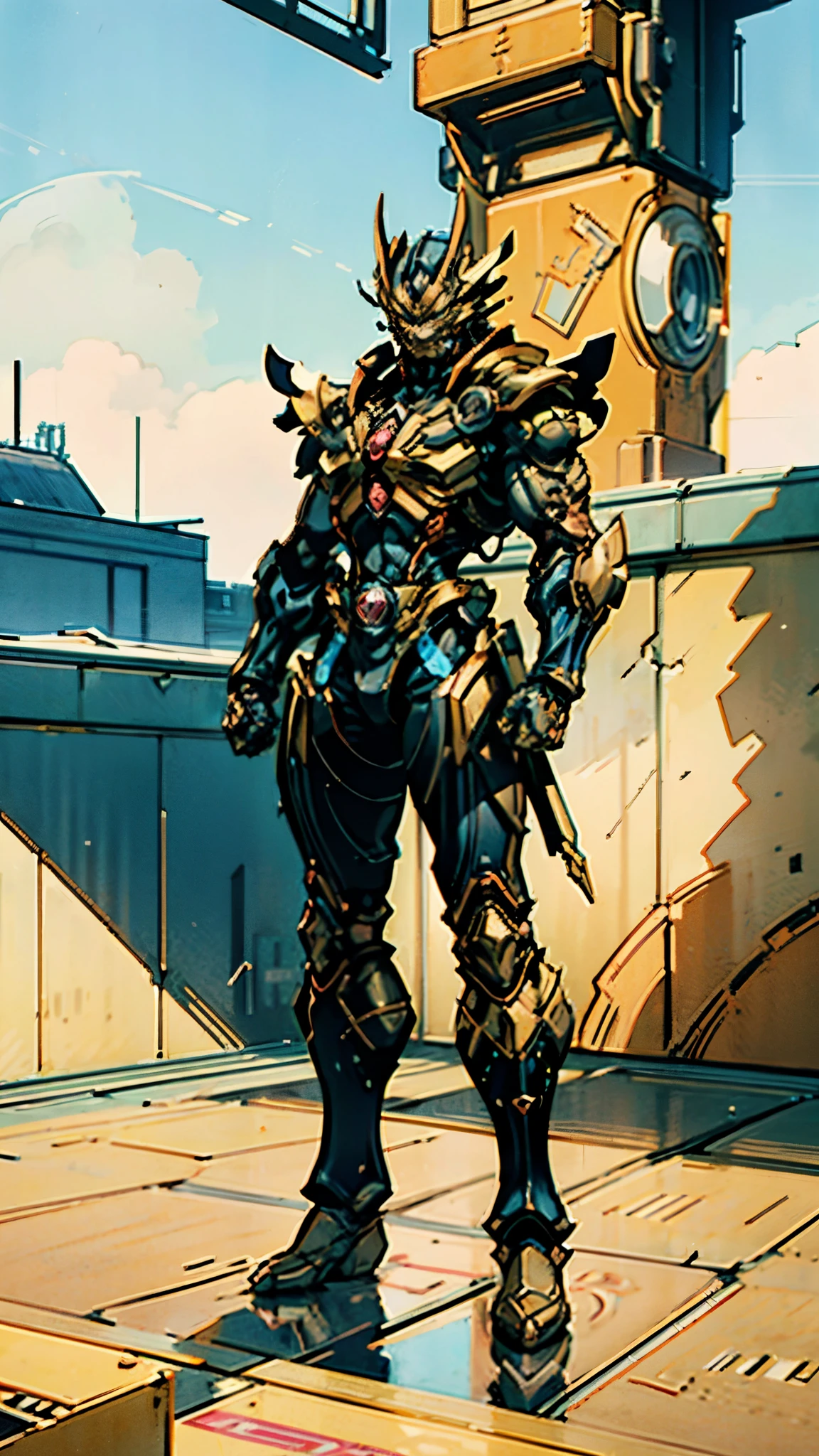 A super a high-tech biotech battle suit, standing on a rooftop, looking over the city, Japanese tokusatsu and American comic style, biometallic texture of the suit, sleek and shiny, dynamic, fast, natural light, cinematic, high quality, high resolution, high detail, sophisticated design, dramatic, high definition, ultra-detailed, ultra-fine painting, extremely delicate, creativity, Natural light, cinematic lighting, best shadow, masterpiece-anatomy-perfect