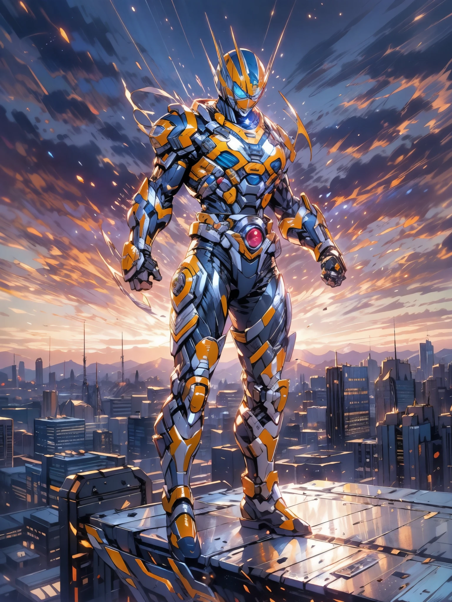 A superhero, a high-tech biotech battle suit, standing on a rooftop, looking over the city, Japanese tokusatsu and American comic style, biometallic texture of the suit, sleek and shiny, dynamic, metallic, sophisticated design, symmetrical face, extremely detailed eyes and face, high quality eyes, high definition, best quality, highres, ultra-detailed, ultra-fine painting, exquisite and mature, extremely delicate, professional, anatomically correct, creativity, UHD, HDR, 32k, Natural light, cinematic lighting, best shadow, masterpiece-anatomy-perfect, masterpiece