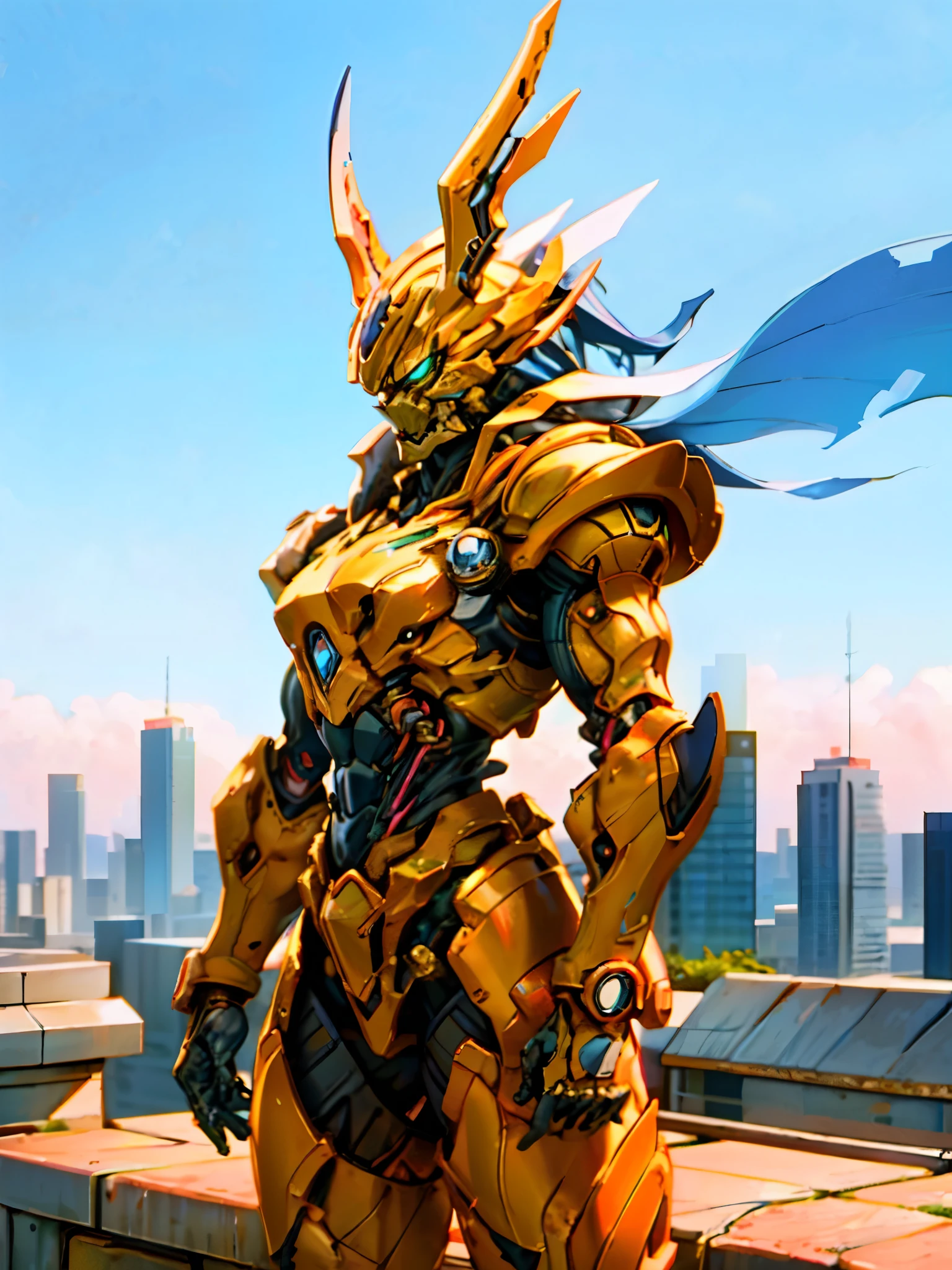 A superhero, a high-tech biotech battle suit, standing on a rooftop, looking over the city, Japanese tokusatsu and American comic style, biometallic texture of the suit, sleek and shiny, dynamic, metallic, sophisticated design, symmetrical face, extremely detailed eyes and face, high quality eyes, high definition, best quality, highres, ultra-detailed, ultra-fine painting, exquisite and mature, extremely delicate, professional, anatomically correct, creativity, UHD, HDR, 32k, Natural light, cinematic lighting, best shadow, masterpiece-anatomy-perfect, masterpiece