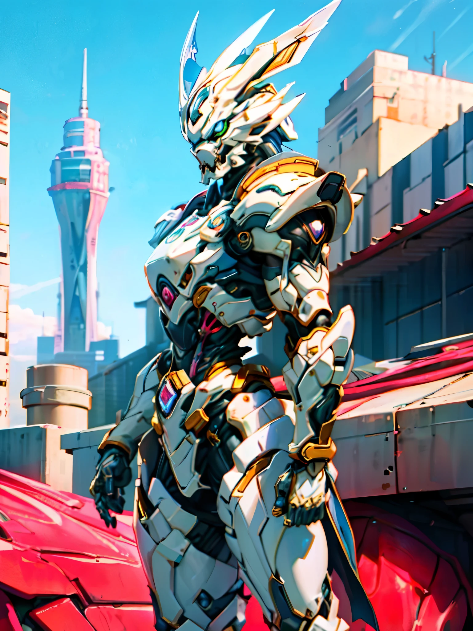 A superhero, a high-tech biotech battle suit, standing on a rooftop, looking over the city, Japanese tokusatsu and American comic style, biometallic texture of the suit, sleek and shiny, dynamic, metallic, sophisticated design, symmetrical face, extremely detailed eyes and face, high quality eyes, high definition, best quality, highres, ultra-detailed, ultra-fine painting, exquisite and mature, extremely delicate, professional, anatomically correct, creativity, UHD, HDR, 32k, Natural light, cinematic lighting, best shadow, masterpiece-anatomy-perfect, masterpiece