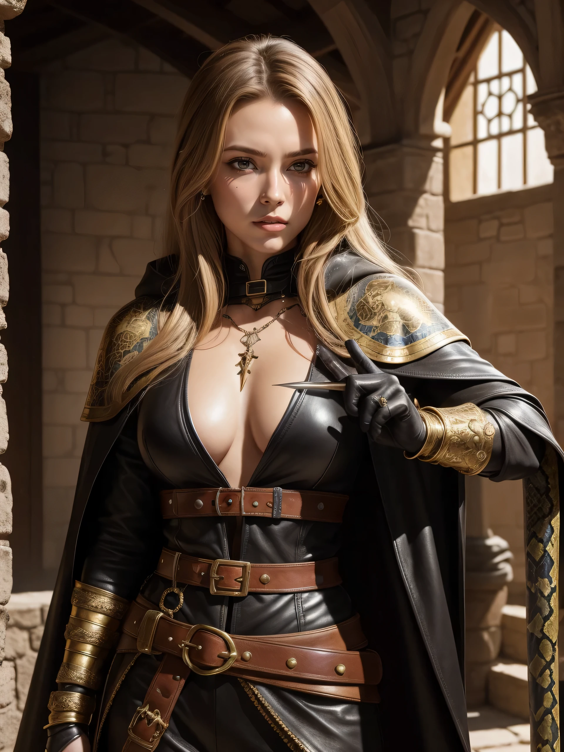 the highest quality, detailed image, colorful, vivid colors, solo, detailed face, female, brown hair with blonde streak, medieval rogue, thief, leather armor with decorations, daggers, inside old castle, glossy skin, cloak, gilded, royal, snake, snakes, desert theme, tattoos, black accents,