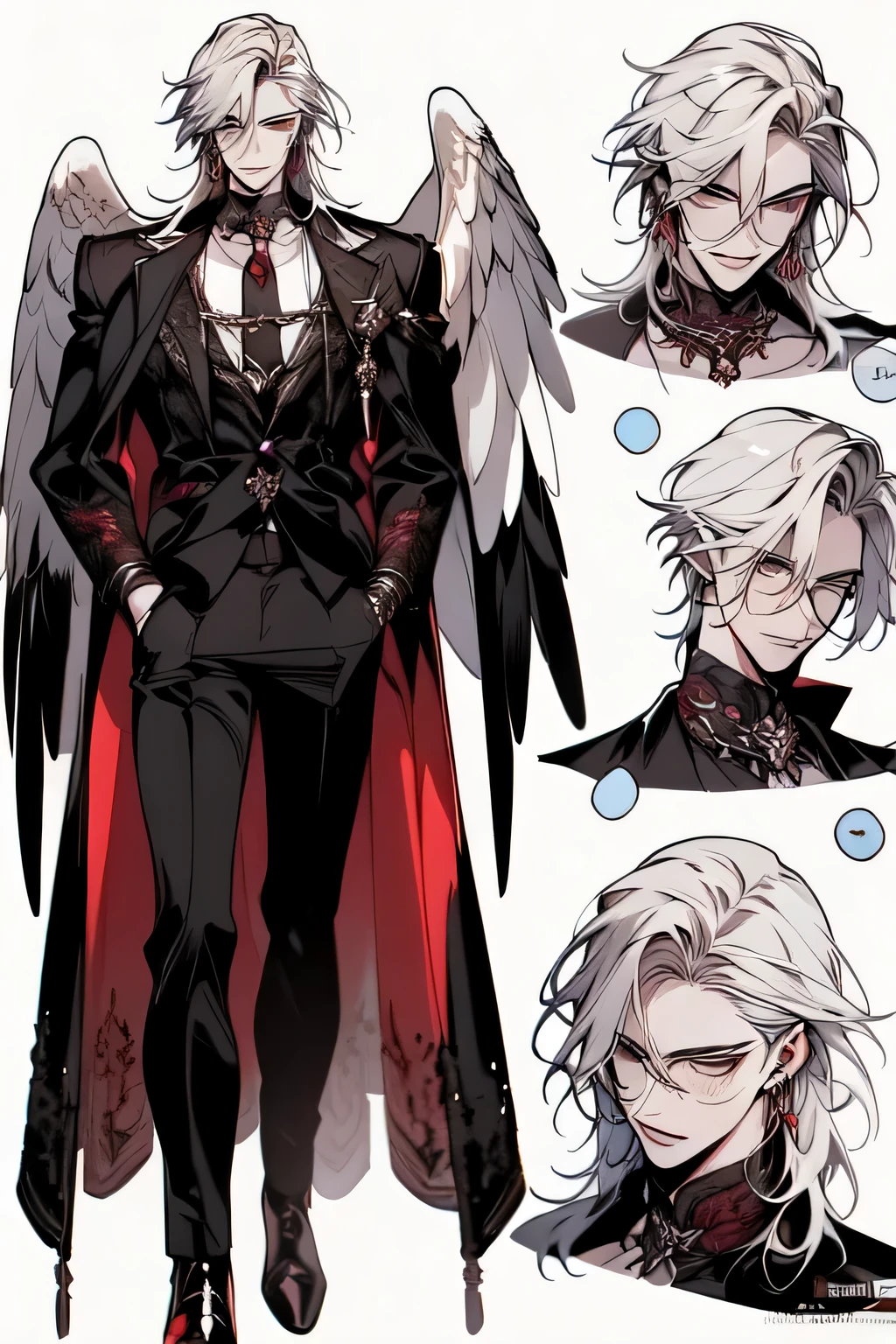 Reference sheet, front view one side, full body, angel man, 18 years old, handsome man, white wings, long white hair, rock style, reference sheet