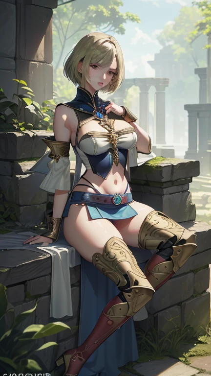 (golden ratio,muste piece, top quality, best quality, beautiful and aesthetic:1.2), very detailed, colorful,best details, (adult,19 years old,1 girl, solo, Final Fantasy 12,Ashelia, short hair, short hair,Asheliaコスチューム, huge boobs, mini skirt,thigh high boots, thighs, jewelry,Contemptuous look,Eyes like looking at garbage, sexy, seductive, alluring, erotic, nsfw, masterpiece, [[soft watercolour painting]], ancient ruins, moss, nature,  looking at viewer teasing you with her breasts, anime, detailed face, detailed eyes, detailed face, ultra detailed, ((anime)), cowboy shot,footjob