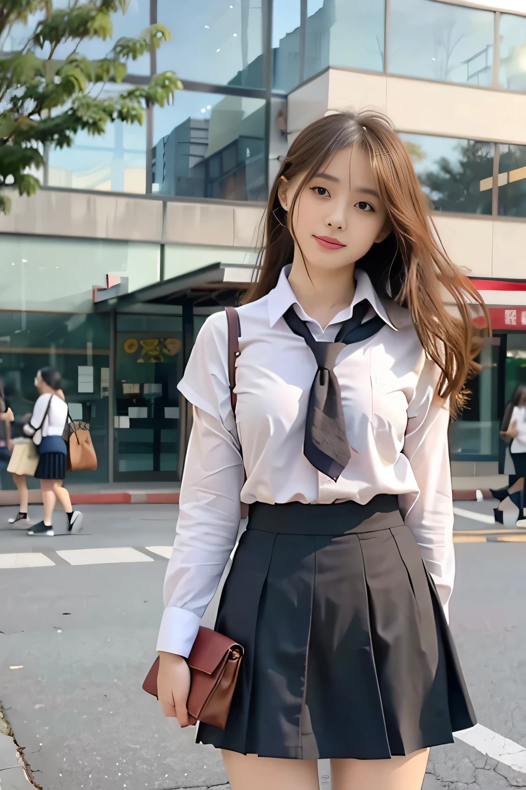 sidewalk, Raw photo, 8K, highest quality, ultra high resolution, beautiful face details, real human skin, gentle expression, Front view, angle from below, long hair, realistic, realistic, cute, short skirt, stand deep in the city, cute schoolgirl, Japanese high school girl uniform, Wearing Japanese school uniform, surreal high school girl, whole body,