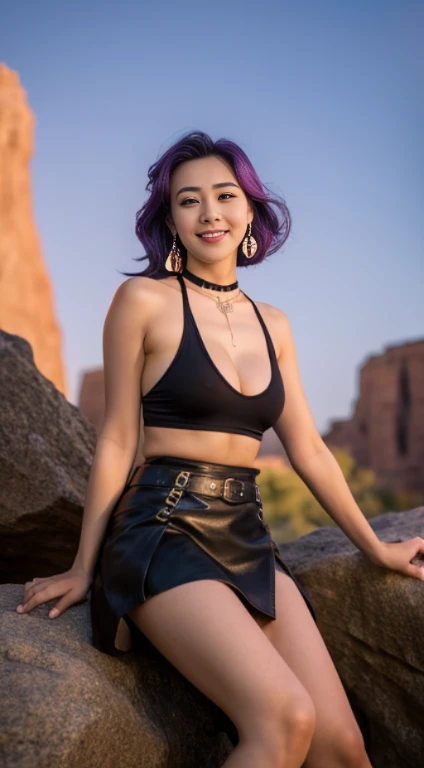 works of masters,27 years old、higher quality,advanced details,ultra high resolution,8K resolution,depth of one person'View of the world'perspective,the only person,woman,parents,thick eyebrows,No expression,purple hair big breasts,Show-Toponi-Te-le,hoop earring angle,ear studs,choker necklace,iron thorn,leather skirt,ファーShowーle,Combat to launch viewer,evening,sitting on a canyon rock,cinematic lighting,volume light,law of twilight,low brightness sunlight、shot from the side、(whole body whole body:1.3)、歯を見せるsmile、smile、
