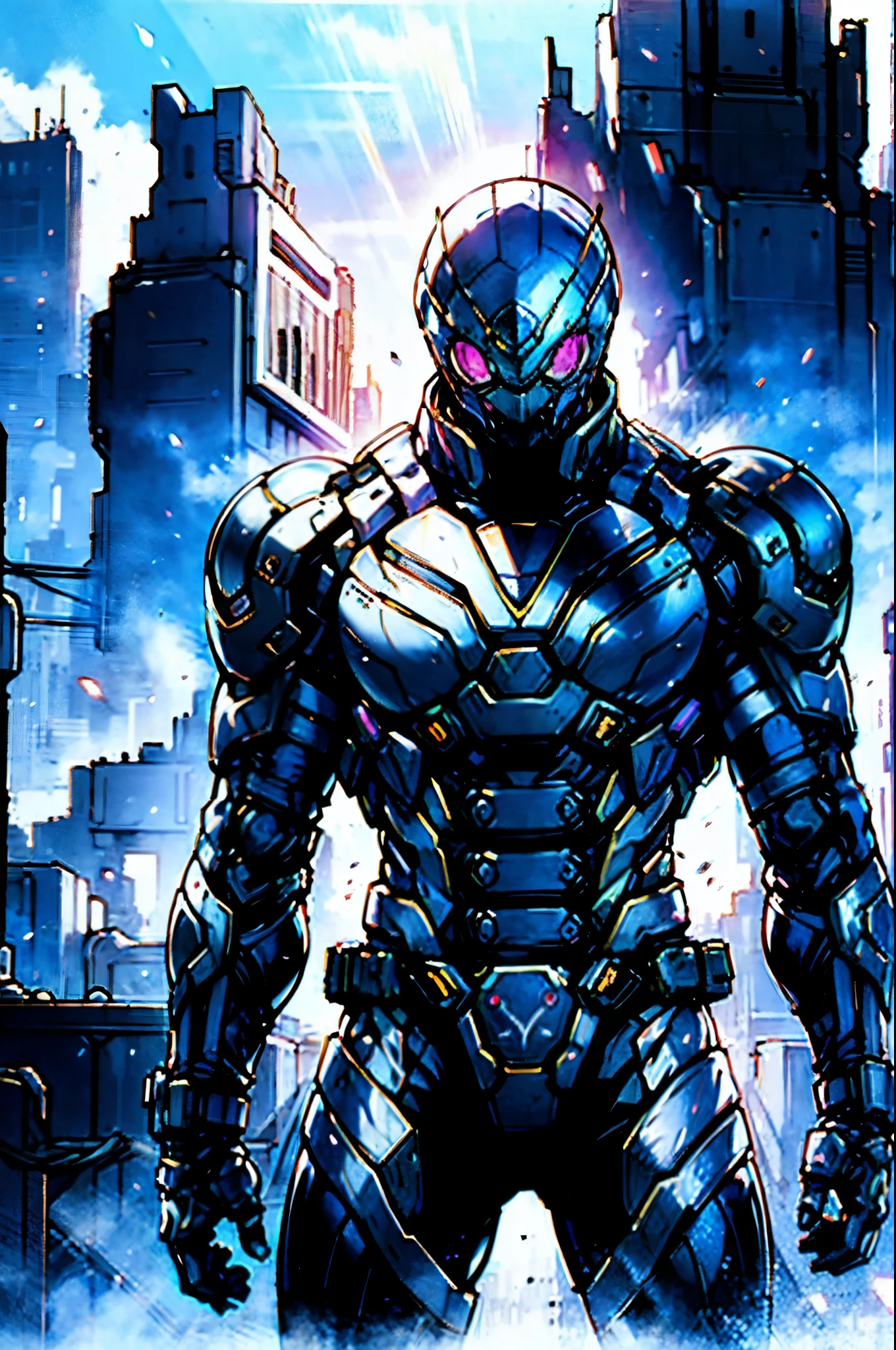 A superhero, a high-tech biotech battle suit, standing on a rooftop, looking over the city, Japanese tokusatsu and American comic style, biometallic texture of the suit, sleek and shiny, dynamic, metallic, sophisticated design, symmetrical face, extremely detailed eyes and face, high quality eyes, high definition, best quality, highres, ultra-detailed, ultra-fine painting, exquisite and mature, extremely delicate, professional, anatomically correct, creativity, UHD, HDR, 32k, Natural light, cinematic lighting, best shadow, masterpiece-anatomy-perfect, masterpiece