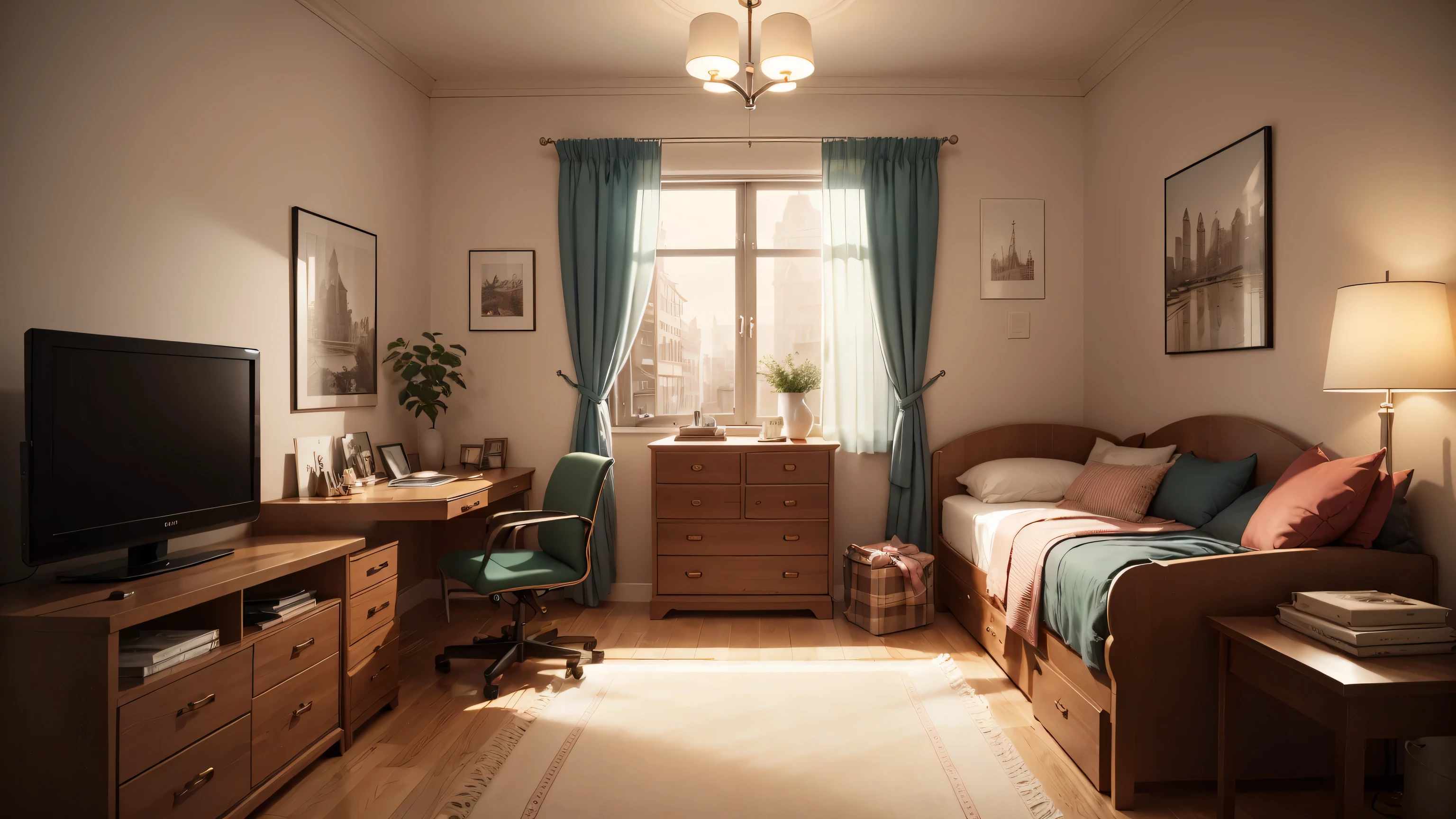 Create a charming 'Isometric New Year Cozy Bedroom' illustration. Envision a cozy bedroom decked out for New Year celebrations, rendered in detailed isometric perspective. Include elements such as a festively decorated bed, twinkling lights, cozy furnishings, and perhaps a view of the outside world celebrating the arrival of the New Year. Capture the warmth and joy of the occasion with detailed isometric rendering, ensuring that the atmosphere exudes a sense of celebration and comfort. Use a vibrant color palette to enhance the festive ambiance. Make the illustration highly detailed, inviting viewers to immerse themselves in the charm of a New Year celebration within the coziness of a bedroom.