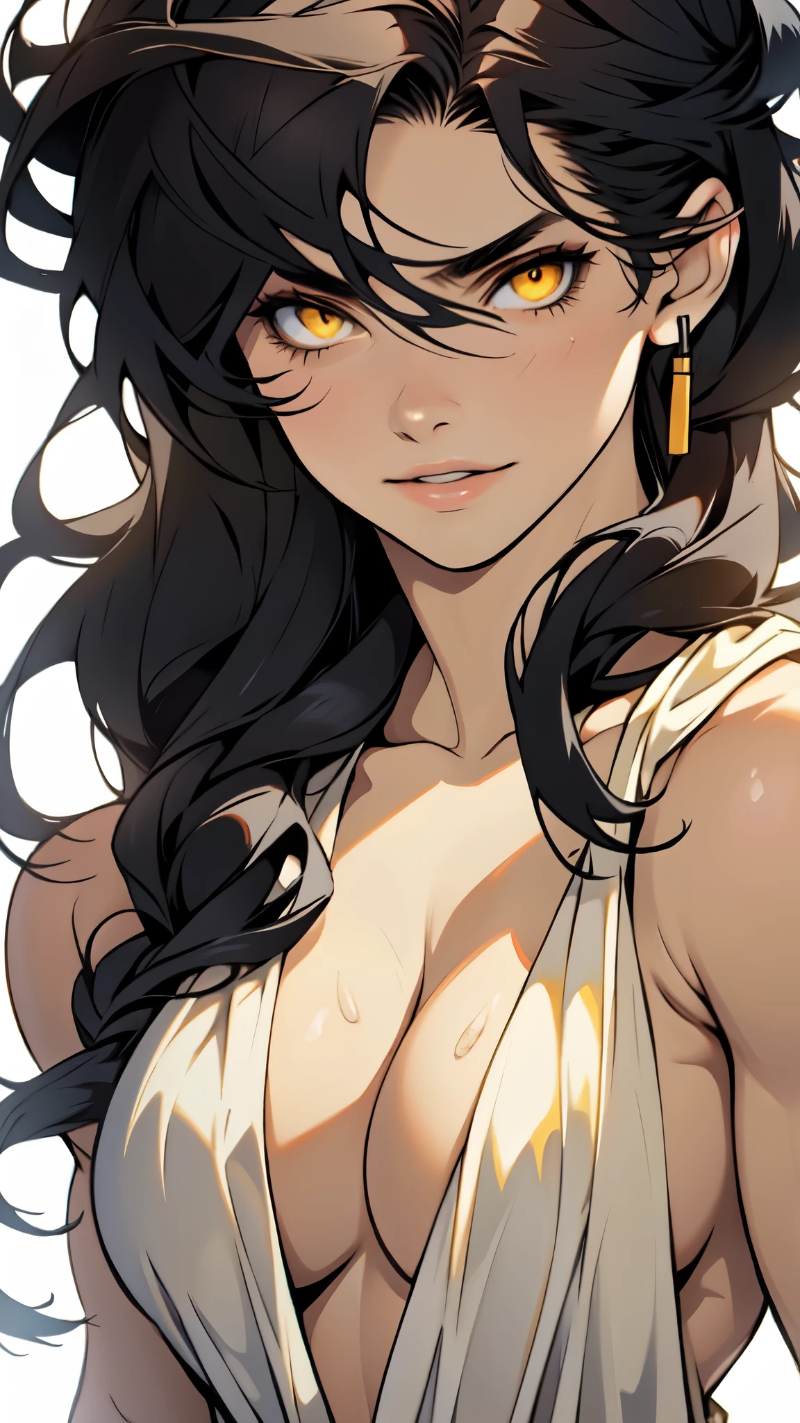 girl pale skin black hair long hair yellow eyes bodybuilder big tits close up, cleavage, natural perfect breast,