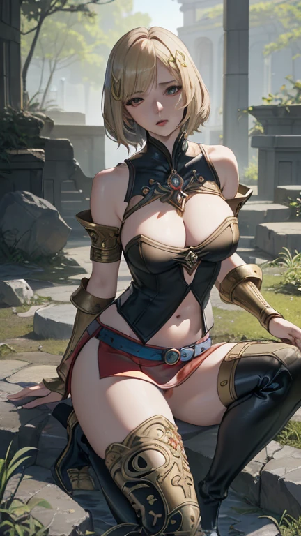 (golden ratio,muste piece, top quality, best quality, beautiful and aesthetic:1.2), very detailed, colorful,best details, (adult,19 years old,1 girl, solo, Final Fantasy 12,Ashelia, short hair, short hair,Asheliaコスチューム, huge boobs, mini skirt,thigh high boots, thighs, jewelry,Contemptuous look,Eyes like looking at garbage, sexy, seductive, alluring, erotic, nsfw, masterpiece, [[soft watercolour painting]], ancient ruins, moss, nature,  looking at viewer teasing you with her breasts, anime, detailed face, detailed eyes, detailed face, ultra detailed, ((anime)), cowboy shot,footjob