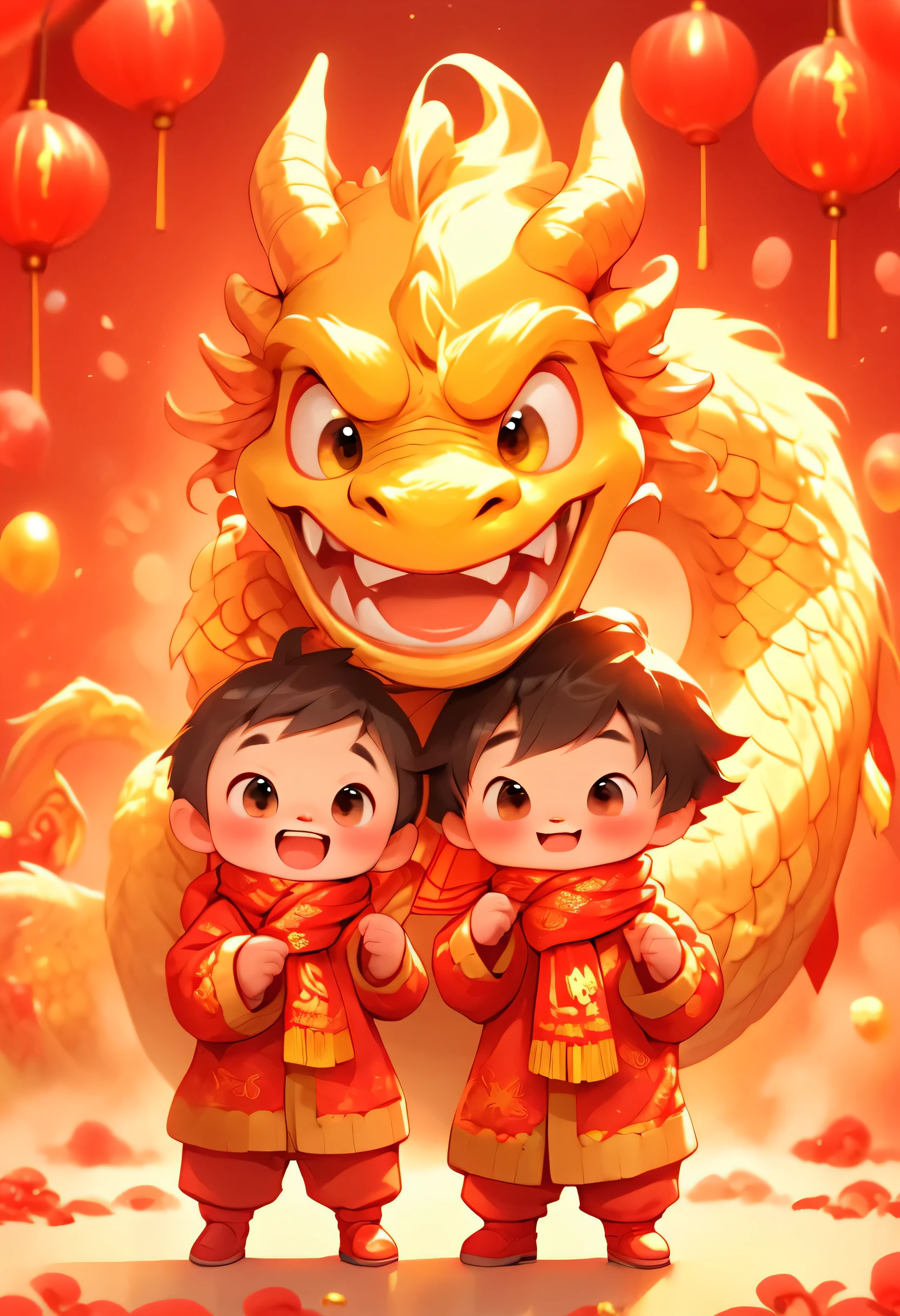 A cute humanized red Chinese dragon baby and a Chinese little boy, Pure Chinese red background Pixar style, Both of them were wearing yellow sweaters，A big red scarf tied around the neck, Make the same congratulatory gesture, big red background, very festive, Chinese elements welcome the New Year,32k