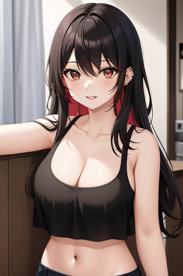 (Best Picture Quality, Masterpiece:1.2), Absurd Absolute Resolution, High Quality, One Woman, BREAK, (Black with Red Longhair:1.1), Brown Eyes, Normal Size Bust, BREAK, One Woman, Bust, Solo, Cleavage, Gaze, Normal Size Bust, Smile, Crop Top, Piercing, Parted Lips, Middle Line gemstone, lips, navel, tank top, white tank top, bare shoulders, sit, bangs, lean forward, collarbone