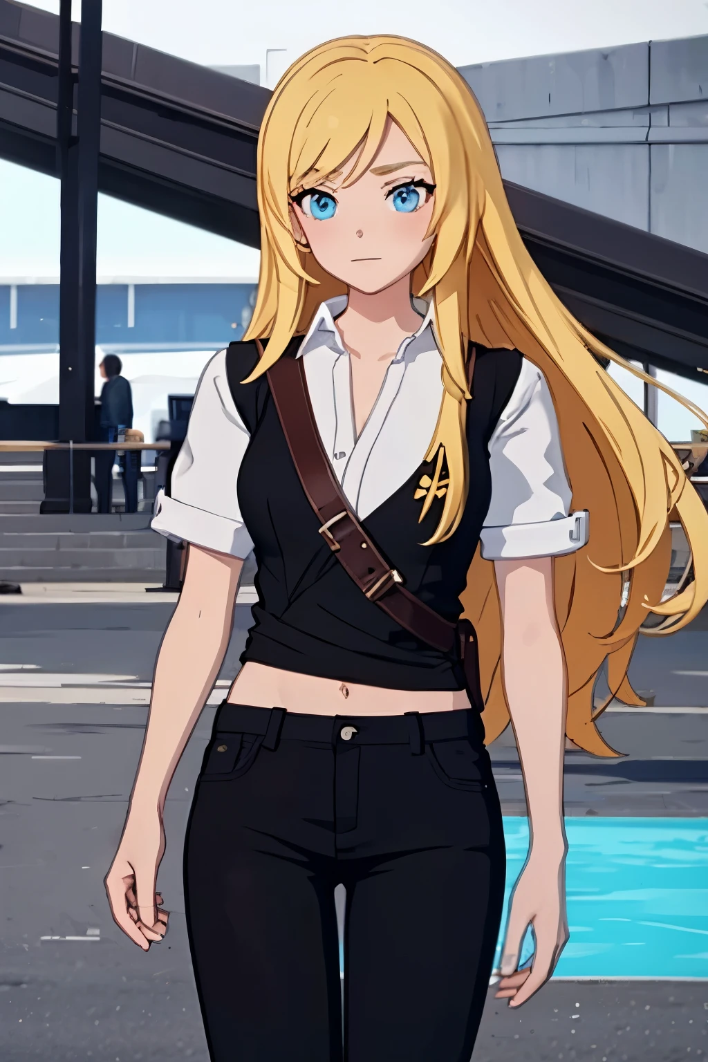 1024 X 1536, (masterpiece), maximum quality, 1girl, long hair, flowing hair, blue eyes, blonde hair, genshin impact-inspired, casual clothing, plain shirt, plain pants, 