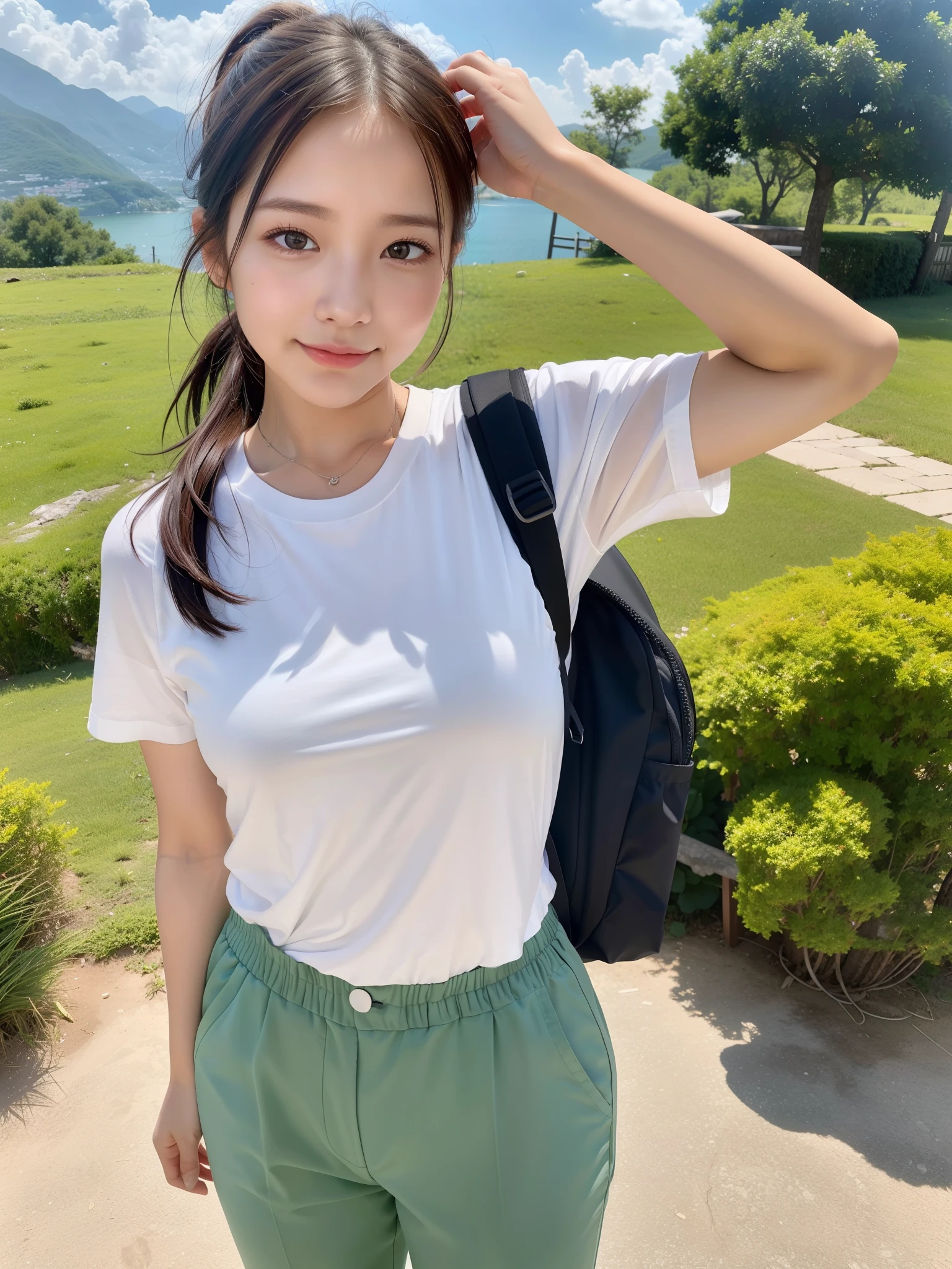 Nature scape photography, (mountain climbing; Carrying a backpack: 1.1) (white t-shirts, Parachute pants), (small breasts, flat chest, thigh: 1.1), (short messy hair, High ponytail), 
((of the highest quality, 8K, masutepiece: 1.3, Raw photo)), Sharp Focus: 1.2, (1 AESPA Girl :1.2), (SOLO: 1.22), (Realistic, Photorealistic: 1.37), (Face Focus: 1.1), Cute face, hyperdetailed face