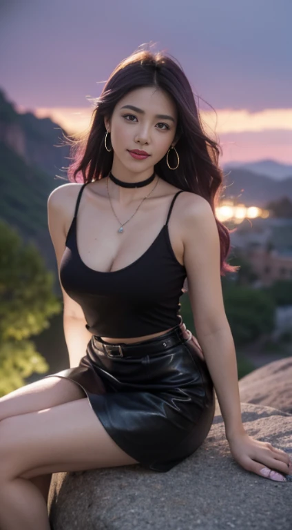 works of masters,27 years old、higher quality,advanced details,ultra high resolution,8K resolution,depth of one person'View of the world'perspective,the only person,woman,parents,thick eyebrows,No expression,purple hair big breasts,Show-Toponi-Te-le,hoop earring angle,ear studs,choker necklace,iron thorn,leather skirt,ファーShowーle,Combat to launch viewer,evening,sitting on a canyon rock,cinematic lighting,volume light,law of twilight,low brightness sunlight、shot from the side、(whole body whole body:1.3)、歯を見せるsmile、smile、
