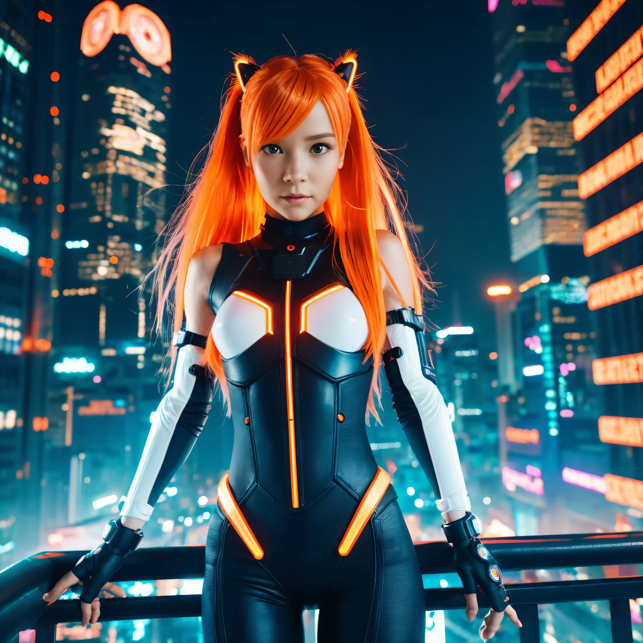 (SFW), intricate details, 1 girl, night, (bright neon colors), ((Fly over futuristic cyberpunk city)), detailed background, (Little Cyborg Girl, ((cute perfect face, bright glowing red eyes)), (perfect anatomy, petite perky breasts), (Ridiculously long gradient orange and white hair, hair blowing in the wind)), Detailed ribbed impossible bodysuit, shoulder armor, Cybernetic limbs, dynamic angle, 