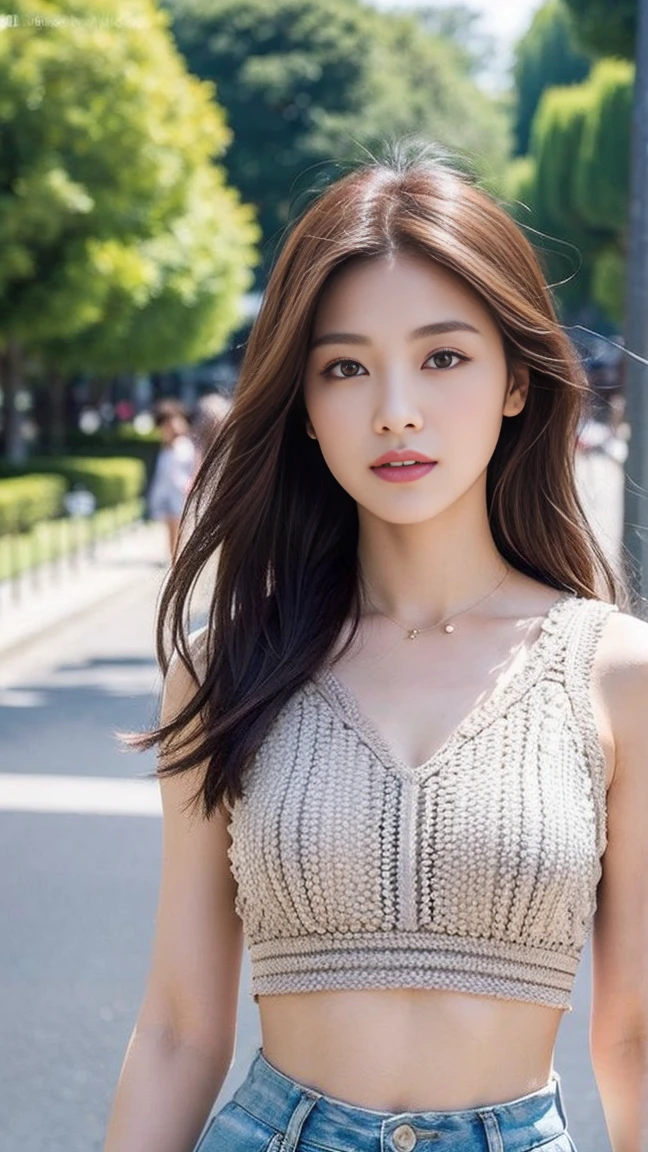dark brown hair、Light brown eyes、Japanese actress face、 Lady、looks like him;I&#39;m about 40 years old、(intricate-detail:1.2)、(top-qual:1.4)、 (Super high resolution:1.2)、Super high resolution、(A detaled eye)、(detailed facial features)、ticker、8K resolution、D-cup size breasts、length hair、crop top、wide pants、In the background is the Champs Elysées in Paris、full body photo、Photographed from head to toe、