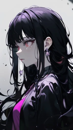 Rainbow style, one girl, alone, ((full body)), facing forward, long hair, looking at viewer, white background, jewelry, smile, jacket, ((deep purple and black hair))), earrings, ((deep purple Gradient eyes)), necklace, from the side, sweater, lips, eyelashes, makeup, ((long straight hair)), earrings, diamonds, lipstick, ear piercings, eye shadow, hoop earrings, pink lips, multicolored eyes, purple theme,, purple eyeshadow,