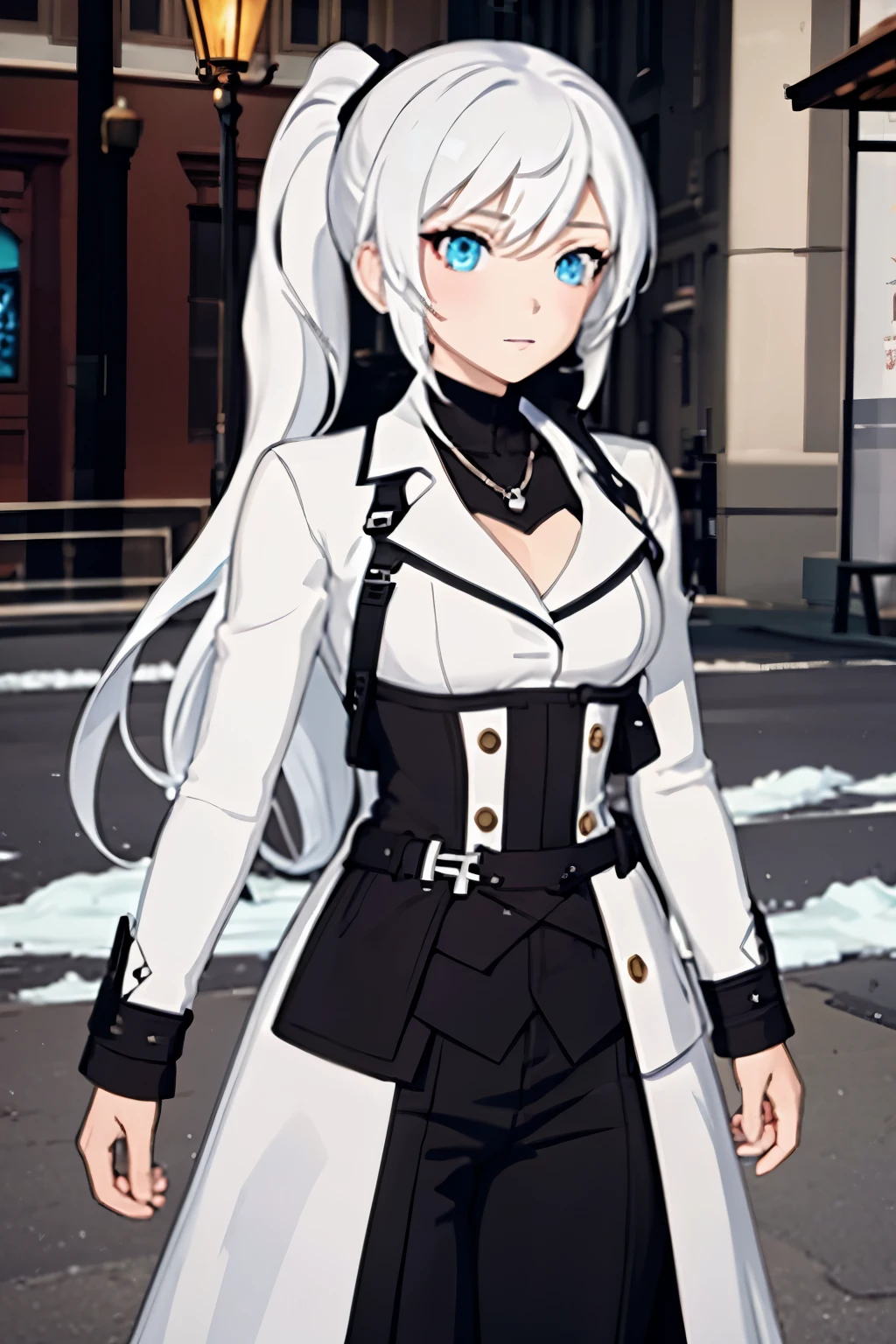 1024 X 1536, (masterpiece), maximum quality, 1girl, pale skin, white hair, blue eyes, long hair, ponytail, winter schnee from rwby, large breasts, confident look, 