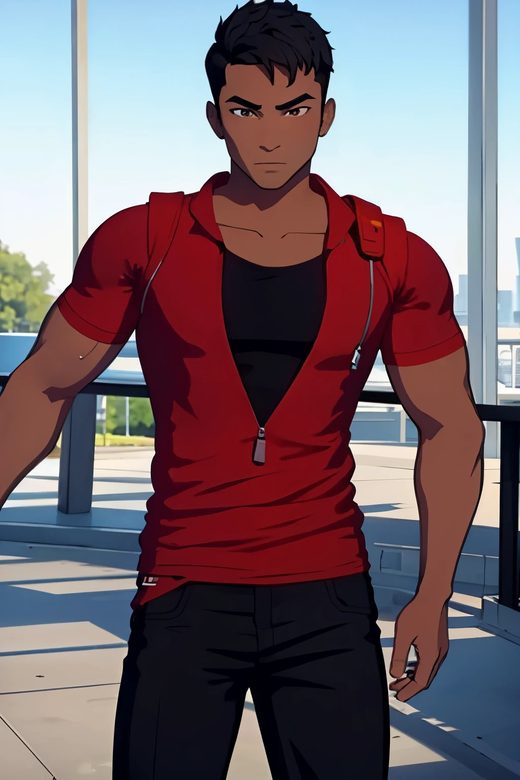 1024 X 1536, (masterpiece), maximum quality, 1guy, handsome man, short hair, black hair, bangs, light brown eyes, muscular, ((black skin)), casual clothes, ((african)), ((black person)), plain shirt, plain pants,