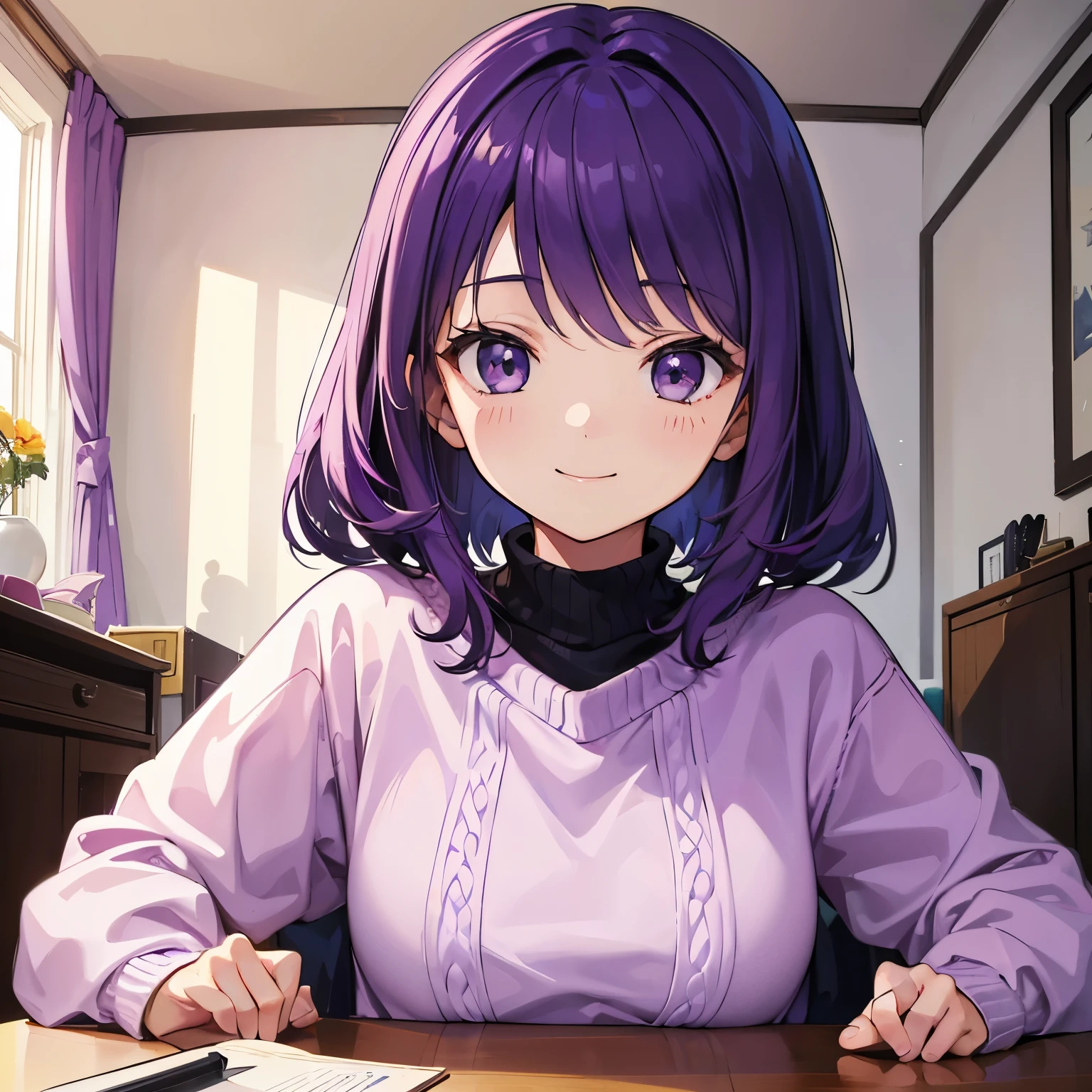 (T Masterpiece,4k wallpaper,best quality))、((girl1people))、(solo)、Brilliant,(purple hair)、(shortcut:1.3)、close up of face、smile、room、morning、sweater