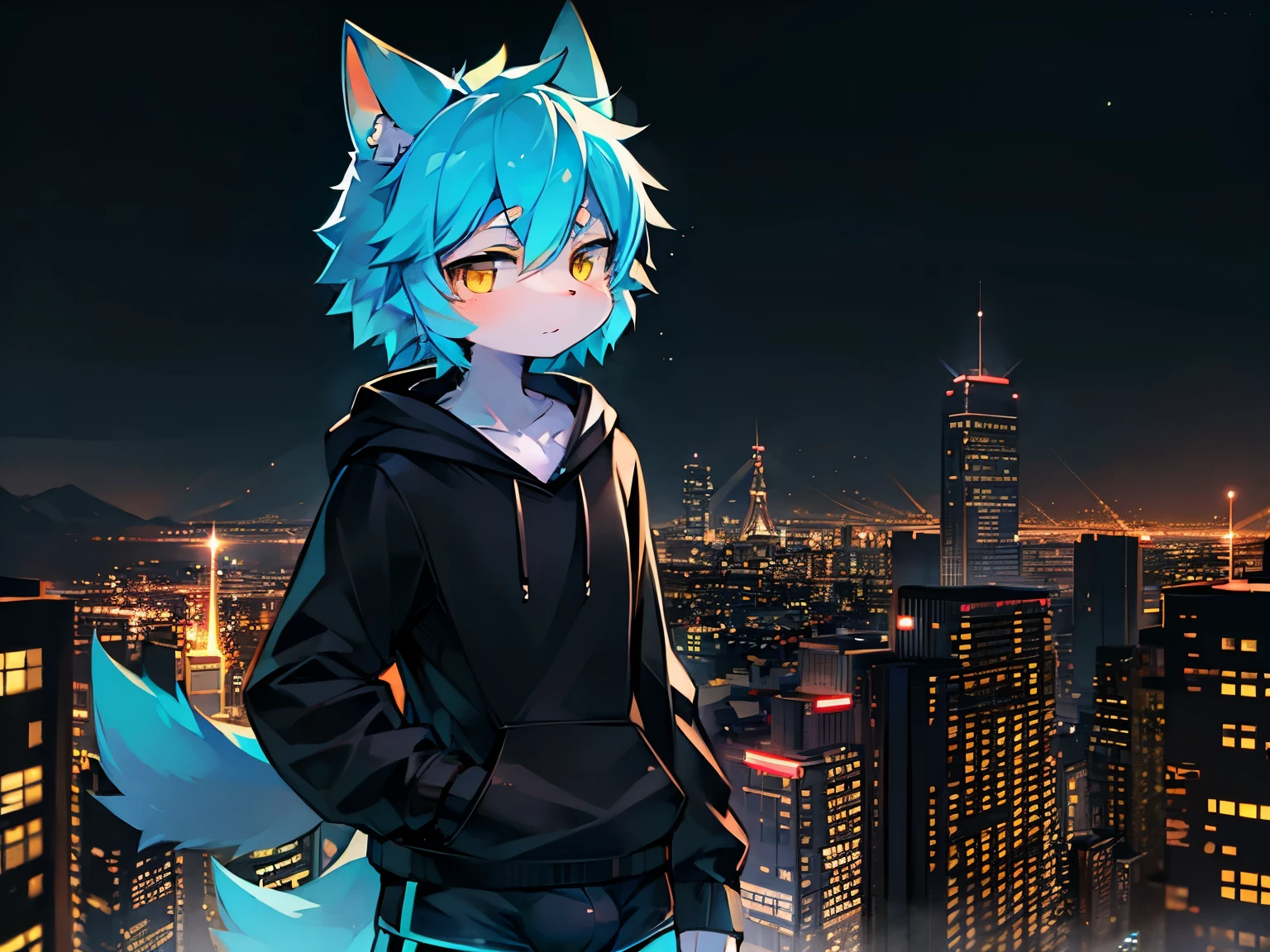 Solo, kemono, femboy, cyan hair, yellow eyes, wear black hoodie, wear black boxer, no smile, star in sky, night time, stand on high building, city background, neon light, high details