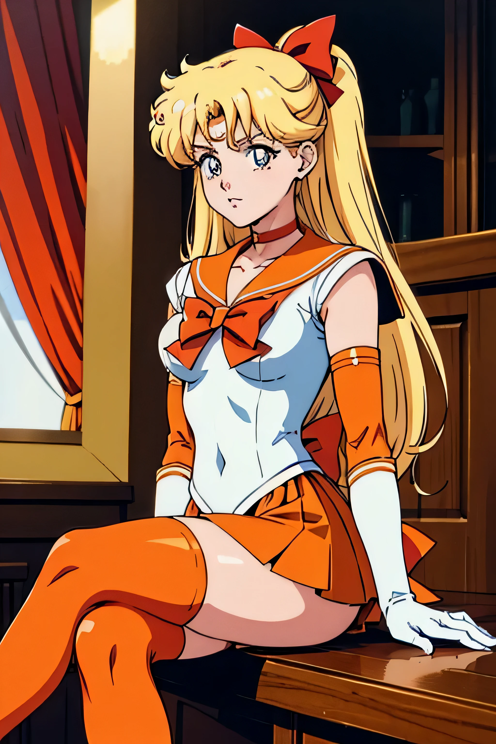 masterpiece, best quality, highres, sv1, sailor senshi uniform, orange skirt, elbow gloves, tiara, orange sailor collar, red bow, orange choker, white gloves, jewelry, (1990s \(style\):0.9), detail face, sitting, crossed legs , show booty