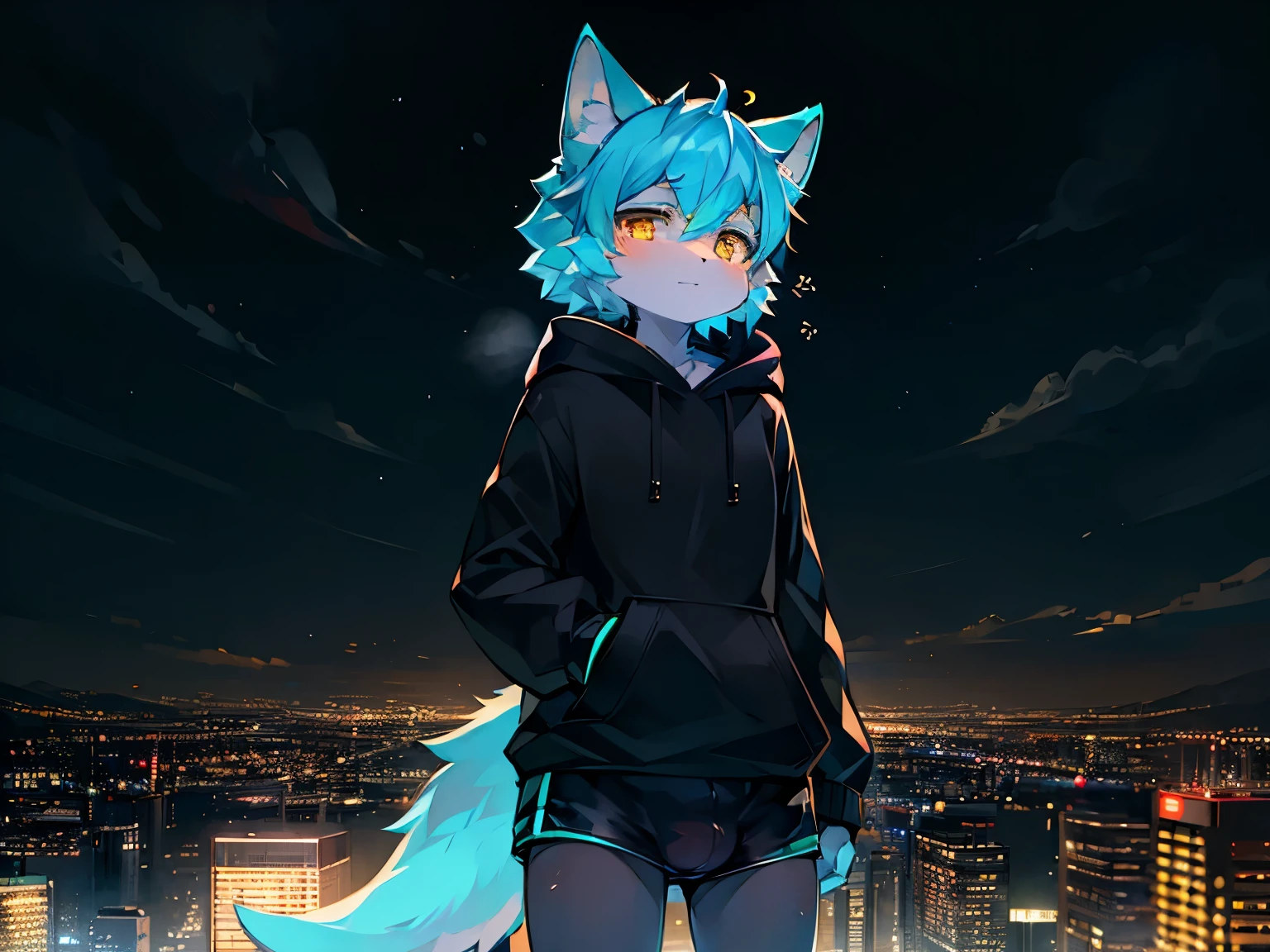 Solo, kemono, femboy, cyan hair, yellow eyes, wear black hoodie, wear black boxer, no smile, star in sky, night time, stand on high building, city background, neon light, high details