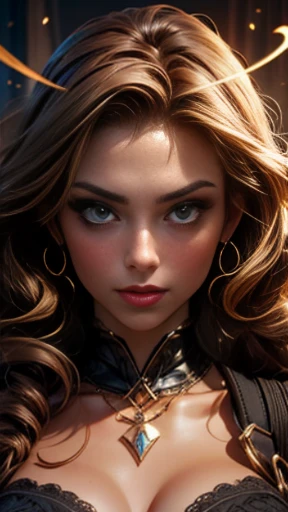 ((Masterpiece)), ((Best quality)), (medium full shot: 1.0).  a woman, 30 years old, (feminine beauty), ((Perfect_Skin)), fair and tanned skin, with a healthy appearance, ((Perfect_Skin): 1.2), (Perfect_Face), (face and eye proportions in harmony), ( perfect_face:1.4), ((Long curly hair, light brown hair): 1.4), ((Seductive_Appearance)), Mysterious appearance, frightening and inviting at the same time, ((Seductive appearance): 1.0).  Her name is Vendetta, a former government agent, genetically created to be a secret agent skilled in all espionage strategies, decided to rebel and now persecutes her creators. --ar: 1.2