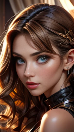 ((Masterpiece)), ((Best quality)), (medium full shot: 1.0). a woman, 30 years old, (feminine beauty), ((Perfect_Skin)), fair and tanned skin, with a healthy appearance, ((Perfect_Skin): 1.2), (Perfect_Face), (face and eye proportions in harmony), ( perfect_face:1.4), ((Long curly hair, light brown hair): 1.4), ((Seductive_Appearance)), Mysterious appearance, frightening and inviting at the same time, ((Seductive appearance): 1.0). Her name is Vendetta, a former government agent, genetically created to be a secret agent skilled in all espionage strategies, decided to rebel and now persecutes her creators. --ar: 1.2