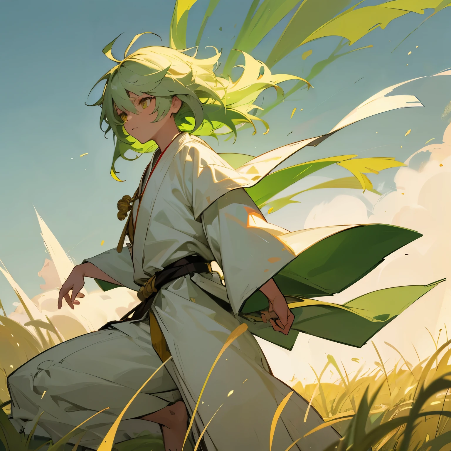 Light Green Hair , Young , Messy Hair , White Robes , Golden Eyes , Martial Arts Clothing , Grassy Planes background , Muscualr Build