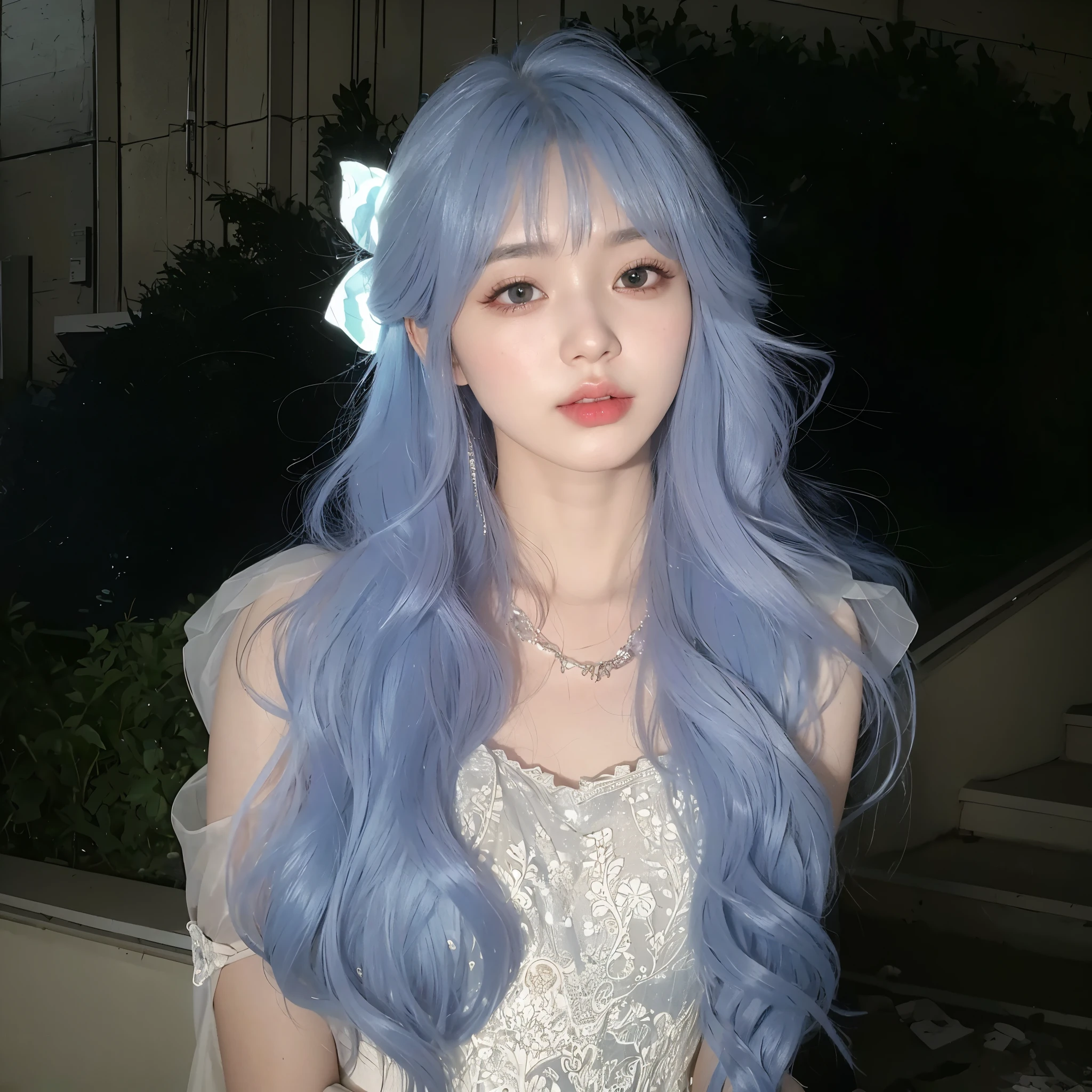 blue hair、Girl in white dress posing for photo, long glowing flowing hair, With haze blue hair, Long curly hair, Urzan, flowing hair, flowing blue hair, Long hair in pastel colors,flowing blue hair, long curly hair and bangs, inspired by Yanjun Cheng