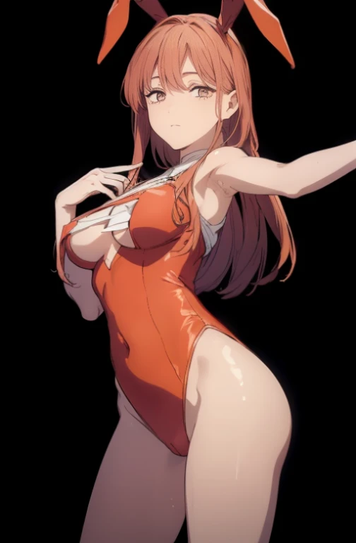 ((((Obra maestra, La mejor calidad, ultrahigh resolution)))), perfect anatomy, 1girl, long hair, red, orange eyes, bunny suit, red bunny suit, Sweating, medium breast, navel, cameltoes