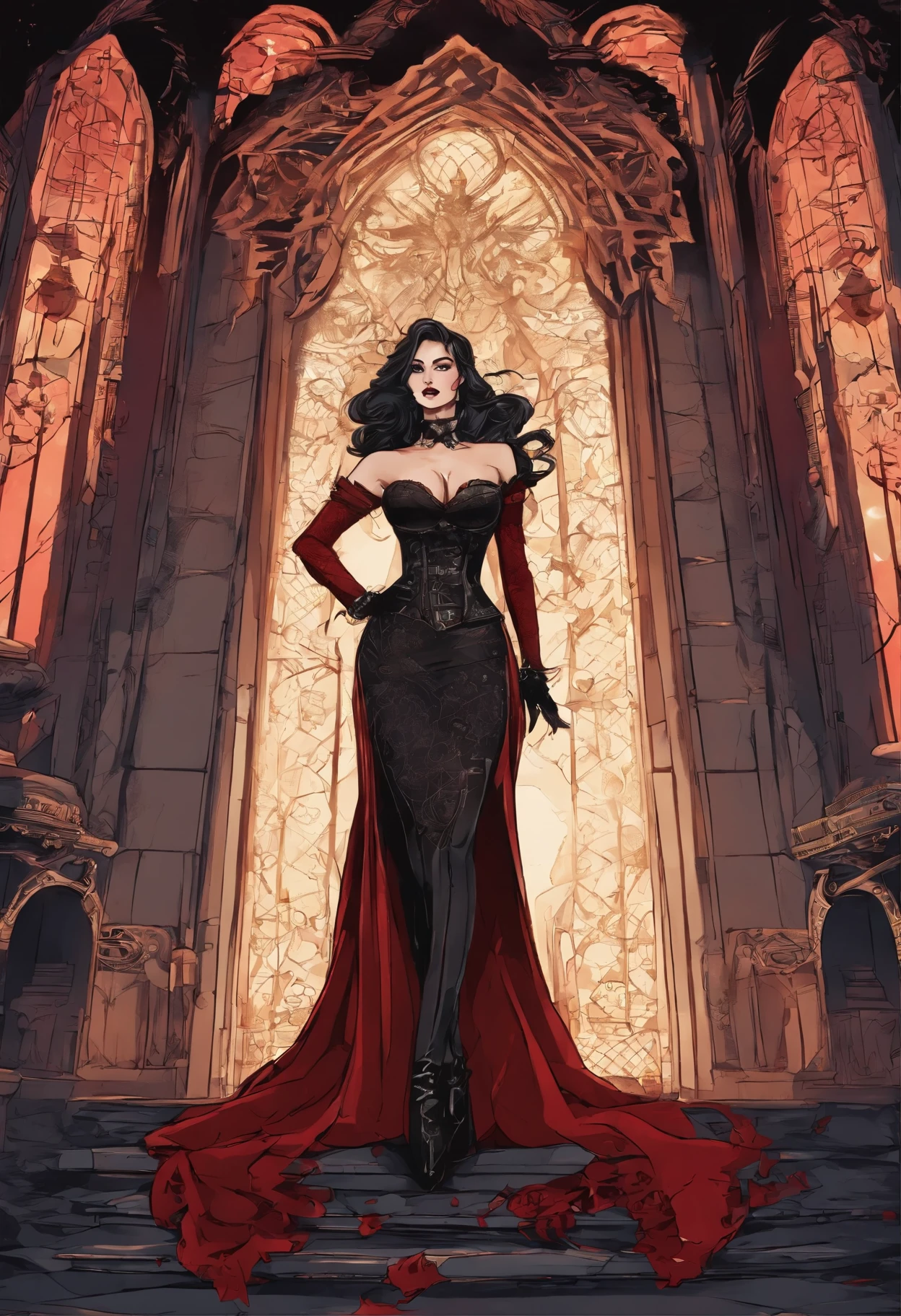(masterpiece, top quality, best quality, official art, beautiful and aesthetic:1.2), (1girl:1.3), long and curly dark brown hair, ((extravagant updo)), Victorian style, extremely detailed, portrait, looking at viewer, solo, (full body:0.6), detailed background, close up, mischievous eyes, (cold midnight castle theme:1.1), extremely busty vampire, long fangs, blood on chin, huge lips, charlatan, smirk, mysterious, being seductive on a balcony, revealing gothic dress, lace, extremely tight bodice, black attire, red skirts, off shoulder, long sleeves, loose sleeves, black leather, cloak, corset, black dress, fishnets, thigh high black boots, buckles, straps, pouches, glowing blood magic energy, dark red fabric, silver trim, black leather, gigantic breasts, cleavage, skindentation, slim waist, slim hips, long legs, medieval (gothic castle exterior:1.1) background, nighttime, dark mysterious lighting, shadows, magical atmosphere, dutch angle