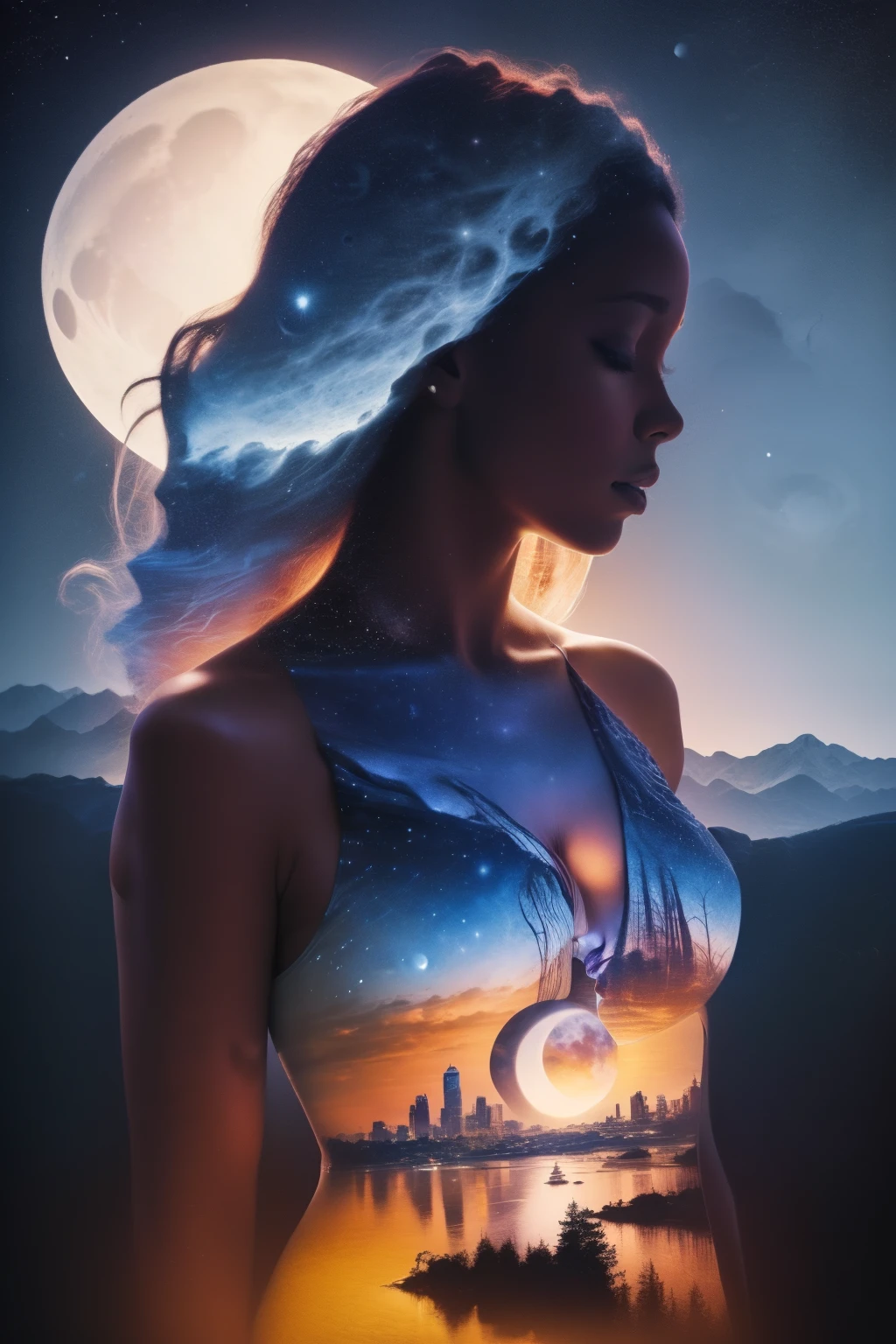 Photorealistic illustration of a Solo African American girl with dark skin ((a solo heart-shaped moon on her chest)), long black hair filled with galaxy stars, closed eyes, darken silhouette, heavenly city and starry night by Vincent Van Gogh, 
Bokeh, gradient black and blue color background, uhd, surreal, fractal, beautiful, high detailed masterpiece