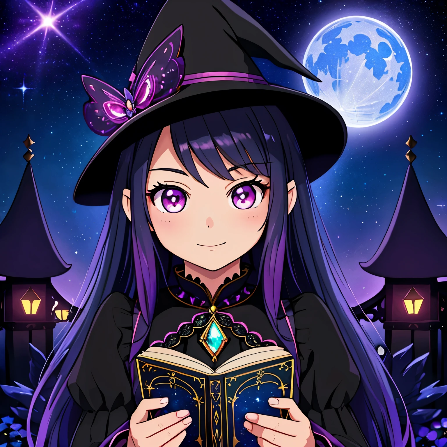 (best quality,4k,8k,highres,masterpiece:1.2),ultra-detailed,(realistic,photorealistic,photo-realistic:1.37),teenage boy magically transformed into a cute witch girl,girl with magical powers,cute and girly transformation,girl with magical abilities,anime style,pink eyes,long black hair with pink dye,happy,effeminate face,stunning black Victorian dress,pointy hat,vibrant and colorful,enchanted forest background,flying broomstick with magical sparkles,casting spells in mid-air,adorable animal companions: a black cat and an owl,misty moonlit night,impressive spellbook filled with intricate illustrations,surrounded by floating magical orbs,exquisite lace details on the dress,mysterious expression,girlish giggle,captivating charm,powerful yet playful demeanor,endearing smile,sparkling wand in hand,spellbinding aura,graceful movements,playful pose with hands raised,luminous glow,with a hint of mischief in her eyes,beautifully intense magical energy emanating from her,soft and ethereal lighting,glowing magical symbols in the air,celestial background with twinkling stars,whimsical and enchanting atmosphere