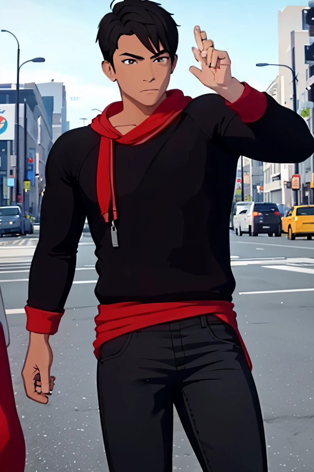 1024 X 1536, (masterpiece), maximum quality, 1guy, handsome man, short hair, black hair, bangs, light brown eyes, muscular, ((black skin)), casual clothes, ((african)), ((black person)), plain shirt, plain pants, ((dark skin))