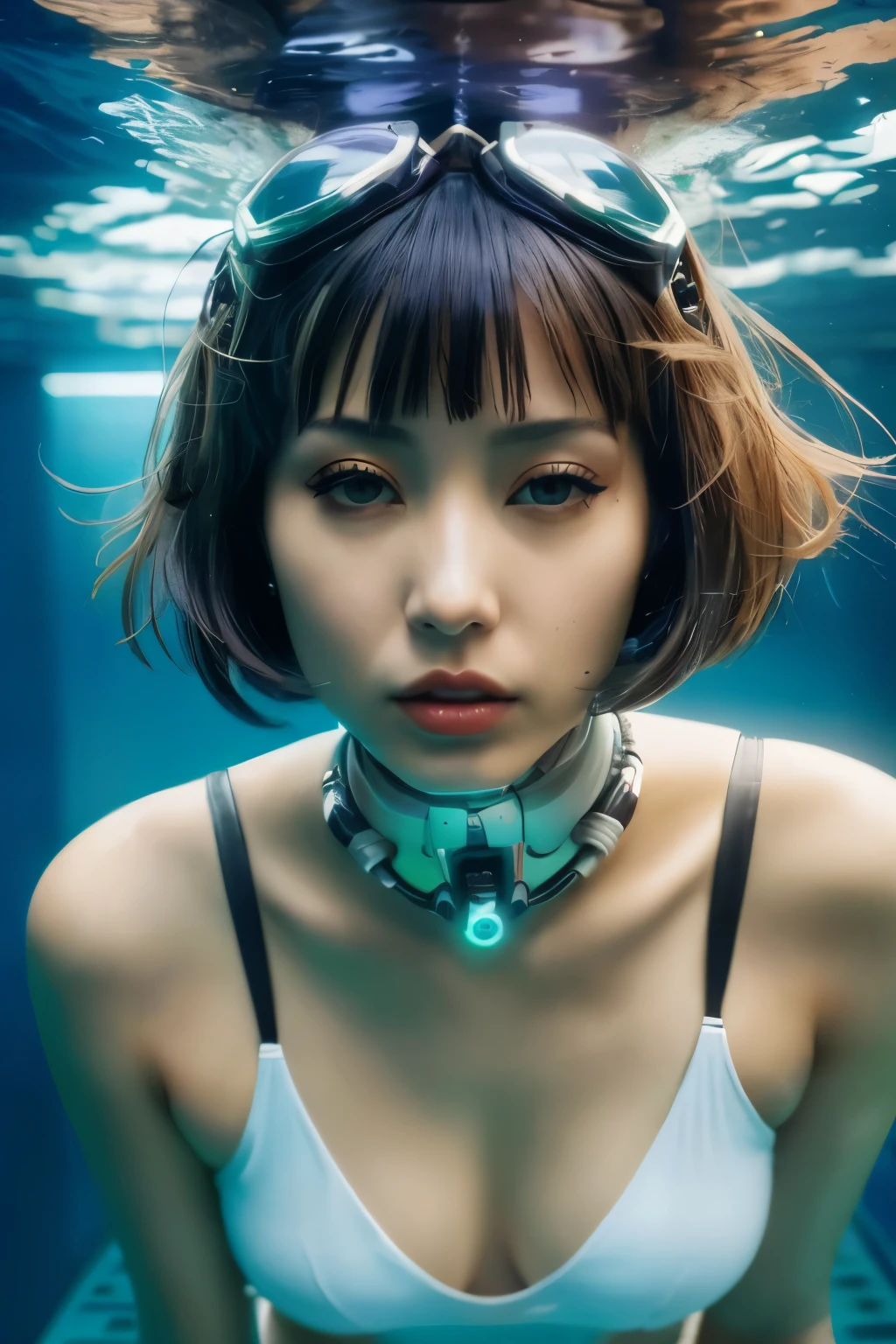 Mujer arafed en bikini bajo el agua con un collar y gafas de sol, ciberpunk de aguas profundas, modelo de moda cyborg, hyper-realistic estilo ciberpunk, cyberpunk dreamy girl, hermosa modelo de mujer cyberpunk, muted estilo ciberpunk, foto de moda cyborg, foto ciberpunk, estilo ciberpunk ， Hyper realistic, chica cyborg, el retrato de la chica cyberpunk, portrait beautiful science fiction girl, efecto de lente alfiletero cyberpunk