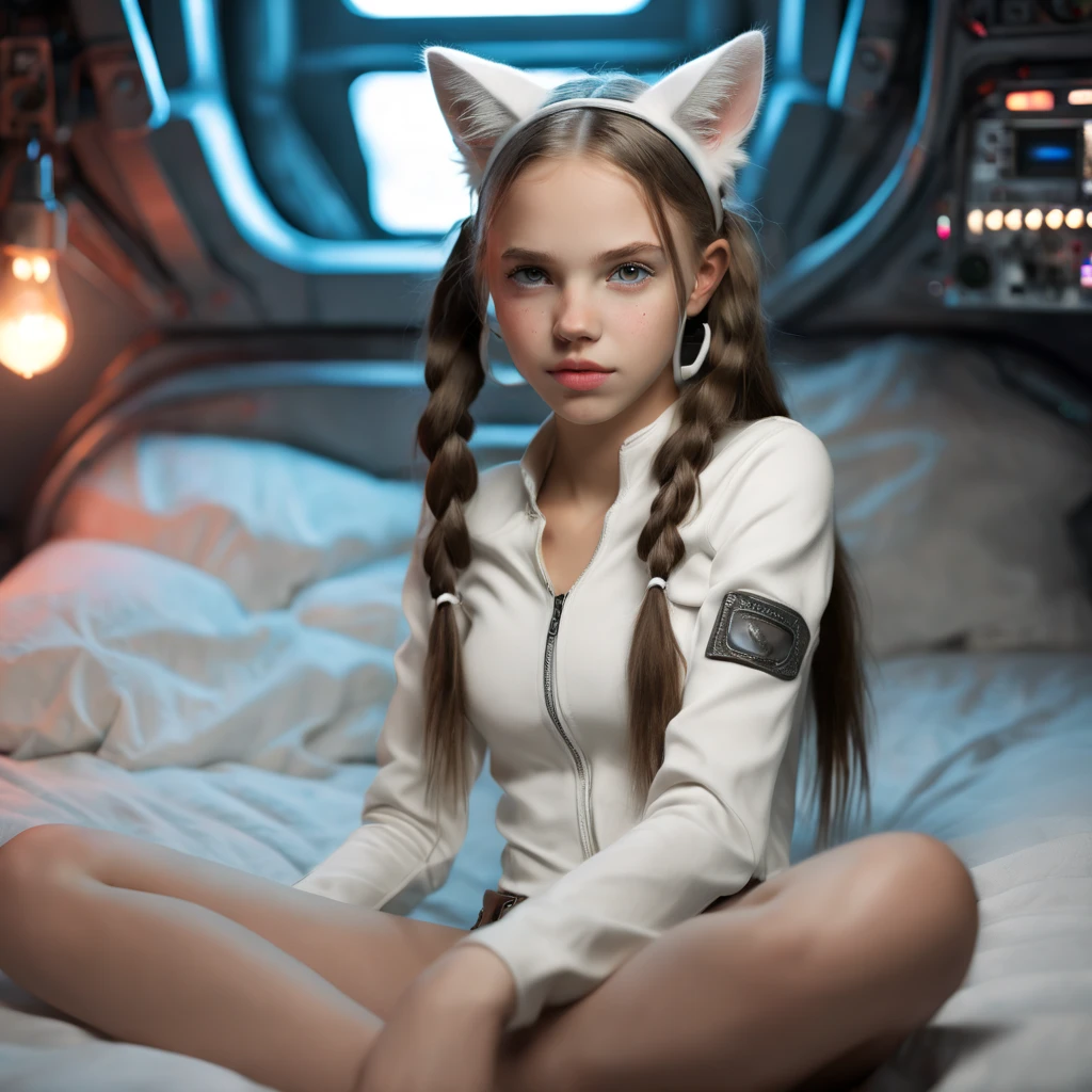 Young  girl,  (((White Race Western European girl ))), sitting on a bed,  in a cyberpunk steel bunker with hatches etc.,  in the background. she  wearing white cats ears. She has twintail hairstyle. 13 years old girl,  slim petite,  small girl,  beautiful breasts.  Masterpiece,  8k,  4k,  high resolution,  dslr,  ultra quality,  sharp focus,  tack sharp,  dof,  film grain,  Fujifilm XT3,  crystal clear,  8K UHD,  highly detailed eyes,  high detailed skin,  skin pores,  seductive,   look,  bewitching lady with beautiful long hair,  brown eyes,  full lips,  long legs,  lovely face wearing torn vaultsuit clothes. , realistic colors, realistic, natalee, photorealistic, (((WHITE race Western,GIRL)))