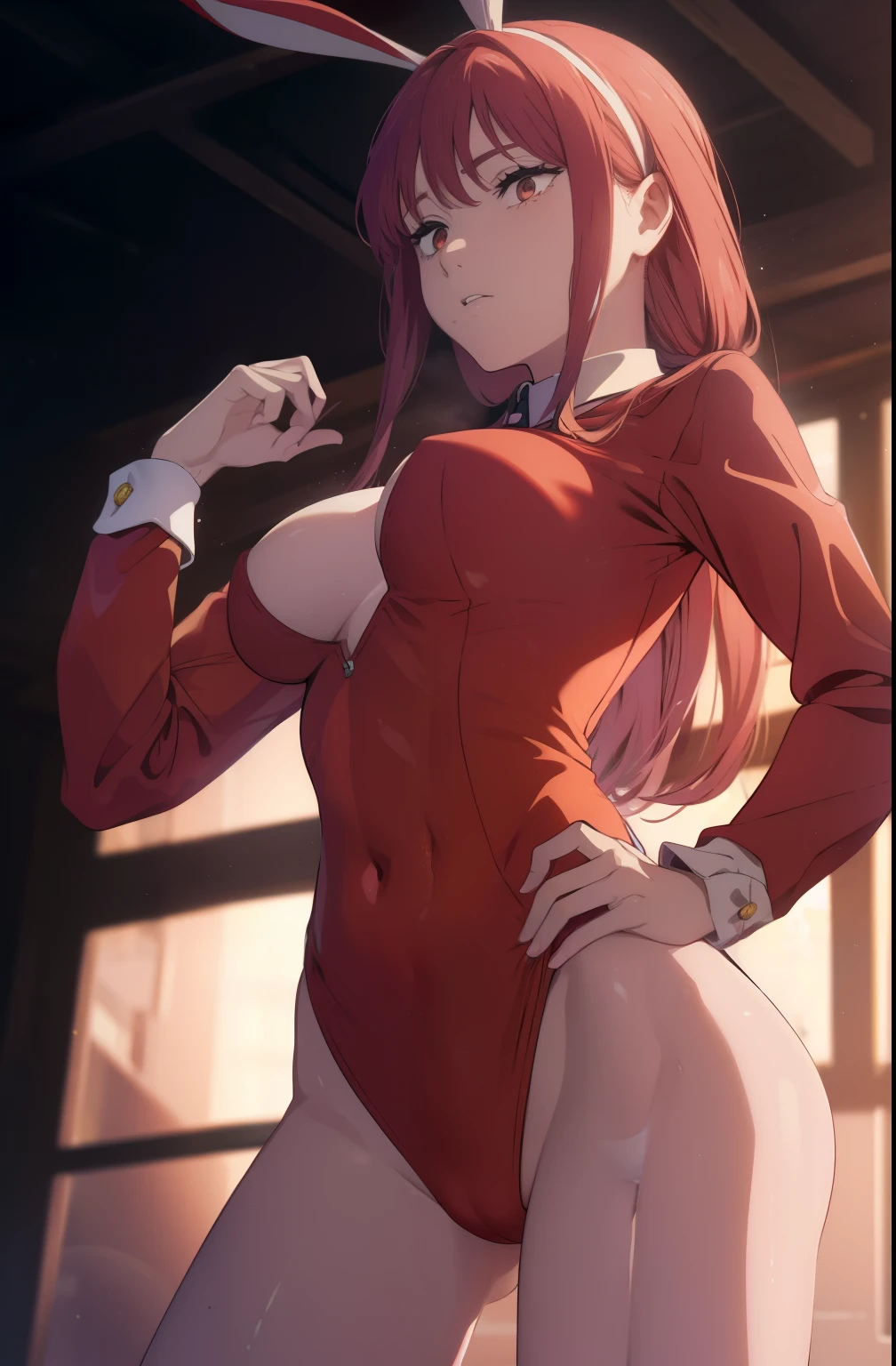 ((((Obra maestra, La mejor calidad, ultrahigh resolution)))), perfect anatomy, 1girl, long hair, red, orange eyes, bunny suit, red bunny suit, Sweating, medium breast, navel, cameltoes