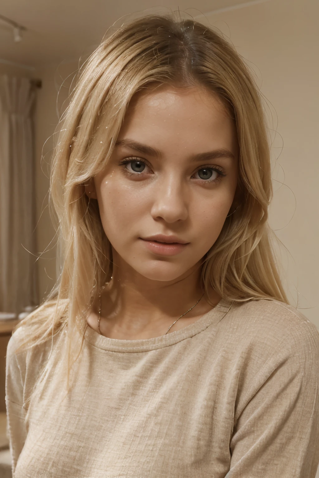 full clothed body portrait of a european woman in her early 20s, blonde hair, hyper realistic super detailed, she is indoors, cute, real life, natural, posing, (((she is fully clothed, wearing clothes)))