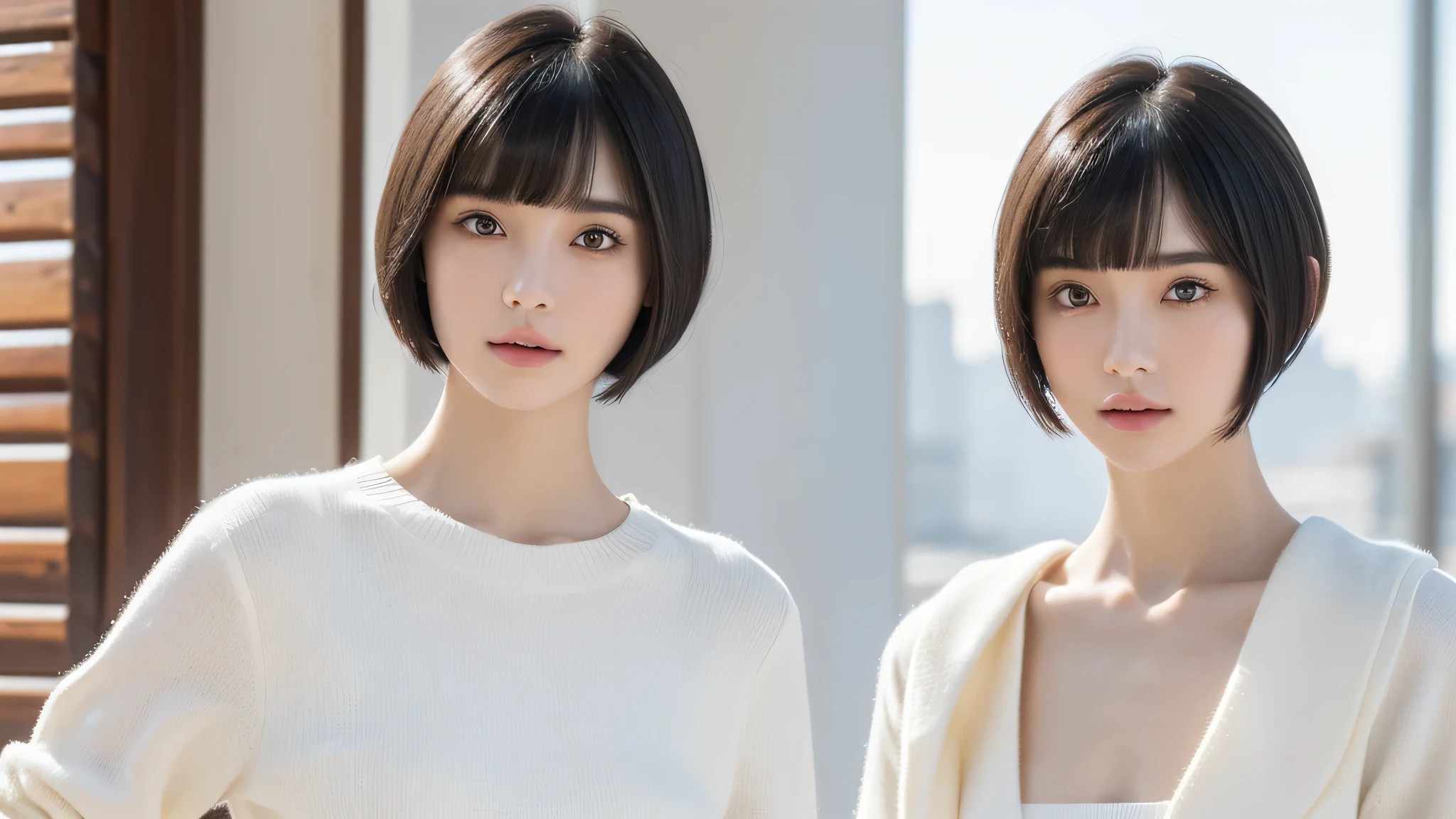 (8K, original photo, quality, masterpiece: 1.2), Super detailed, super resolution, (real, real photos: 1.3 images, HD RAW color photos, Professional photos, Very detailed而且漂亮, Very detailed, 8K wallpapers, stunning details, File size huge, official art, Very detailed CG Unity 8K wallpapers, Very detailed beautiful girls, Very detailed faces, highly detailed eyes, highly refined skin, Very detailed的手指, Very detailed的鼻子, Very detailed mouth, perfect anatomy, Detailed background, Detailed clothes, a girl, (20:1.2), 20s, Lovely Girl, realistic body, small, White skin, radiant skin, slim, black hair, short hair, (blunt bangs: 1.2), Lovely, young, pretty face, realistic face, exquisite eyes, Special Sale Eyeashionable Winter Clothes)), ((up)), ((((short hair)))), earrings, looking at camera, cowboy shooting, facing forward, standing posture, contrasting, dynamic lighting, C cup,