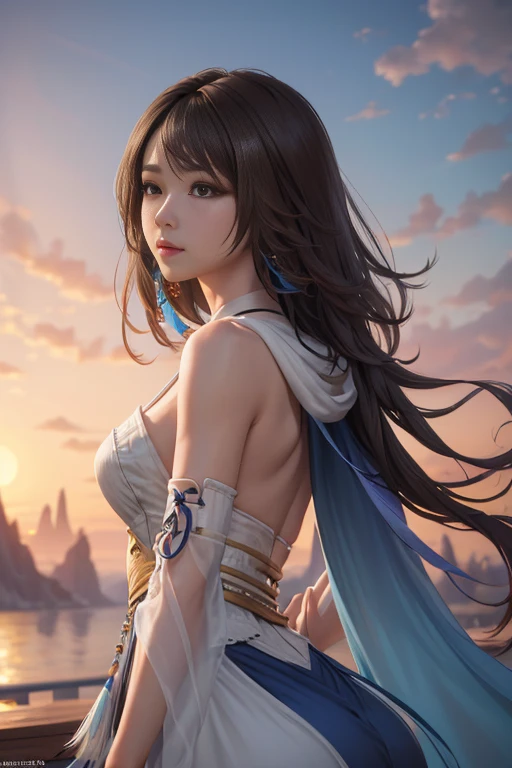 Highest image quality，Outstanding details，超高分辨率，（Fidelity：1.4）, Favor the detailinal Fantasy X character Yuna，Cloak, She has a delicate and beautiful face,Raised sexy, Virtual Engine 5，Perfect detail rendering，rendering by octane，hyper HD