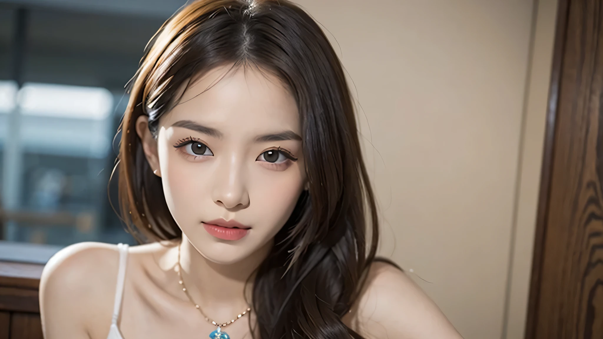 casual gesture,1 girl,seduce,  beautiful, lips, actual, photo_\(mitigate\), alone, (masterpiece),(photoactual:1.3), super detailed, (High detail skin:1.2),(best quality:1.0), (ultra high definition:1.0), (ulzzang-6500:0.3), beautiful and clear eyes, exquisite necklace,Sunlight, (Beautiful and detailed makeup), (sexual arousal, blush, heavy breathing:1.0), (Soft light blooms:0.5),