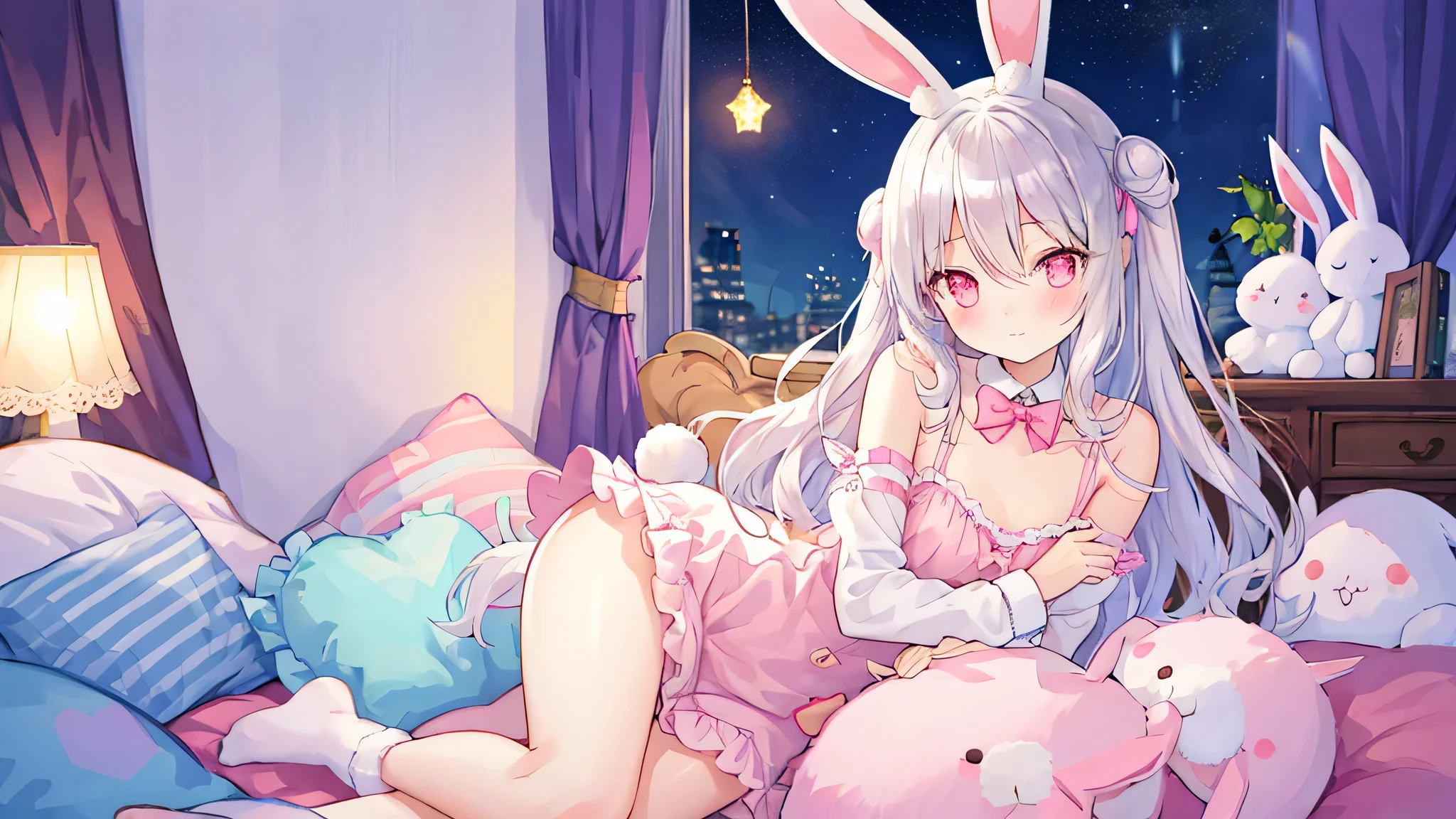 Beautiful illustration, best quality, cute girl, bedroom, pastel colors, fluffy bunny ears, small, silver long hair, Rabbit stuffed toy, bright lights, Pale pink eyes