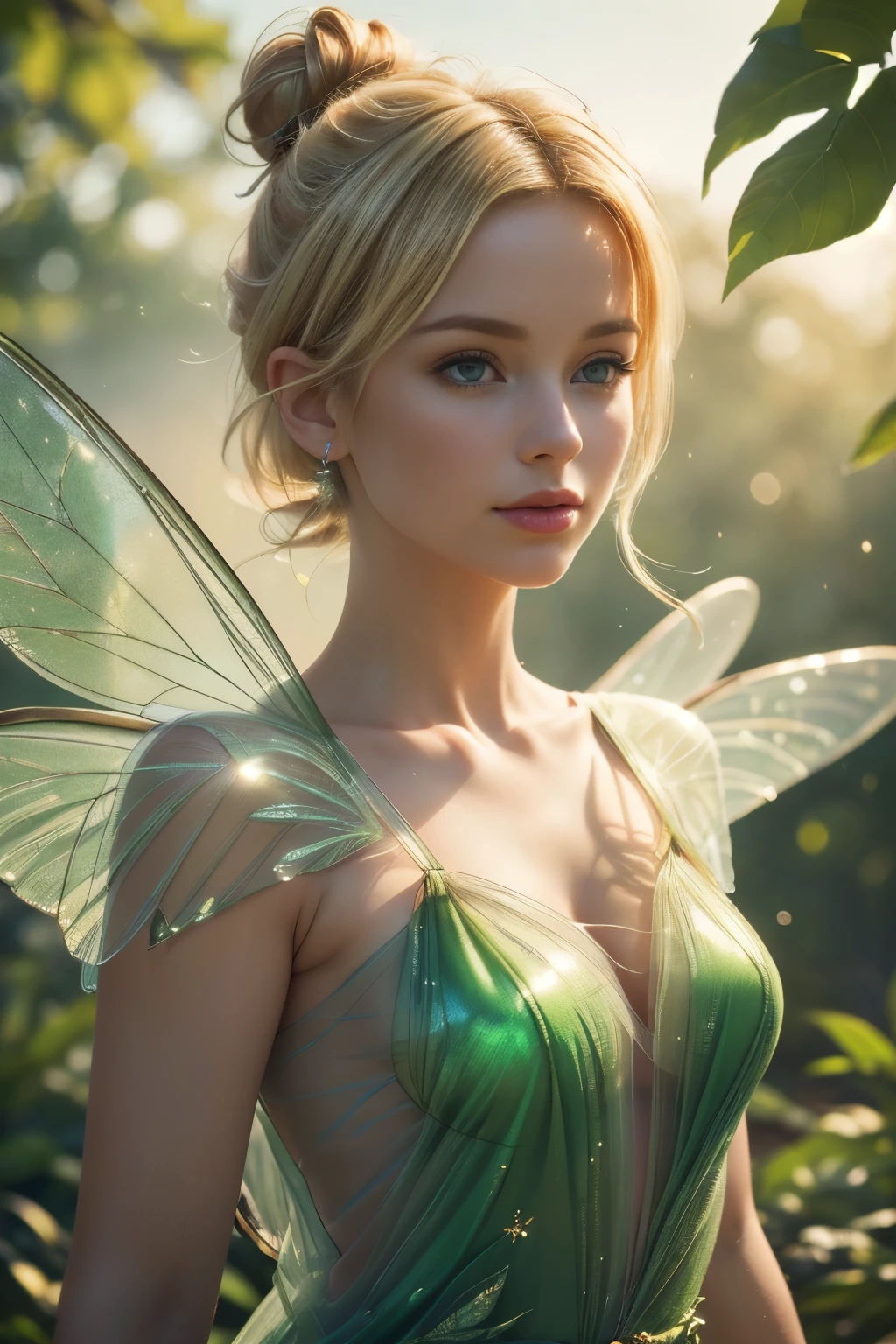 (best quality,4k,8k,highres,masterpiece:1.2),ultra-detailed,(realistic,photorealistic,photo-realistic:1.37),Beautiful Tinkerbell,(blonde hair,bright blonde hair:1.1),(in a bun:1.1),leaf dress,(green leaf dress:1.1),(with delicate patterns:1.1),pixie wings,(gossamer wings,transparent wings:1.1),(shimmering wings:1.1),(with a hint of magic:1.1),(changing colors:1.1