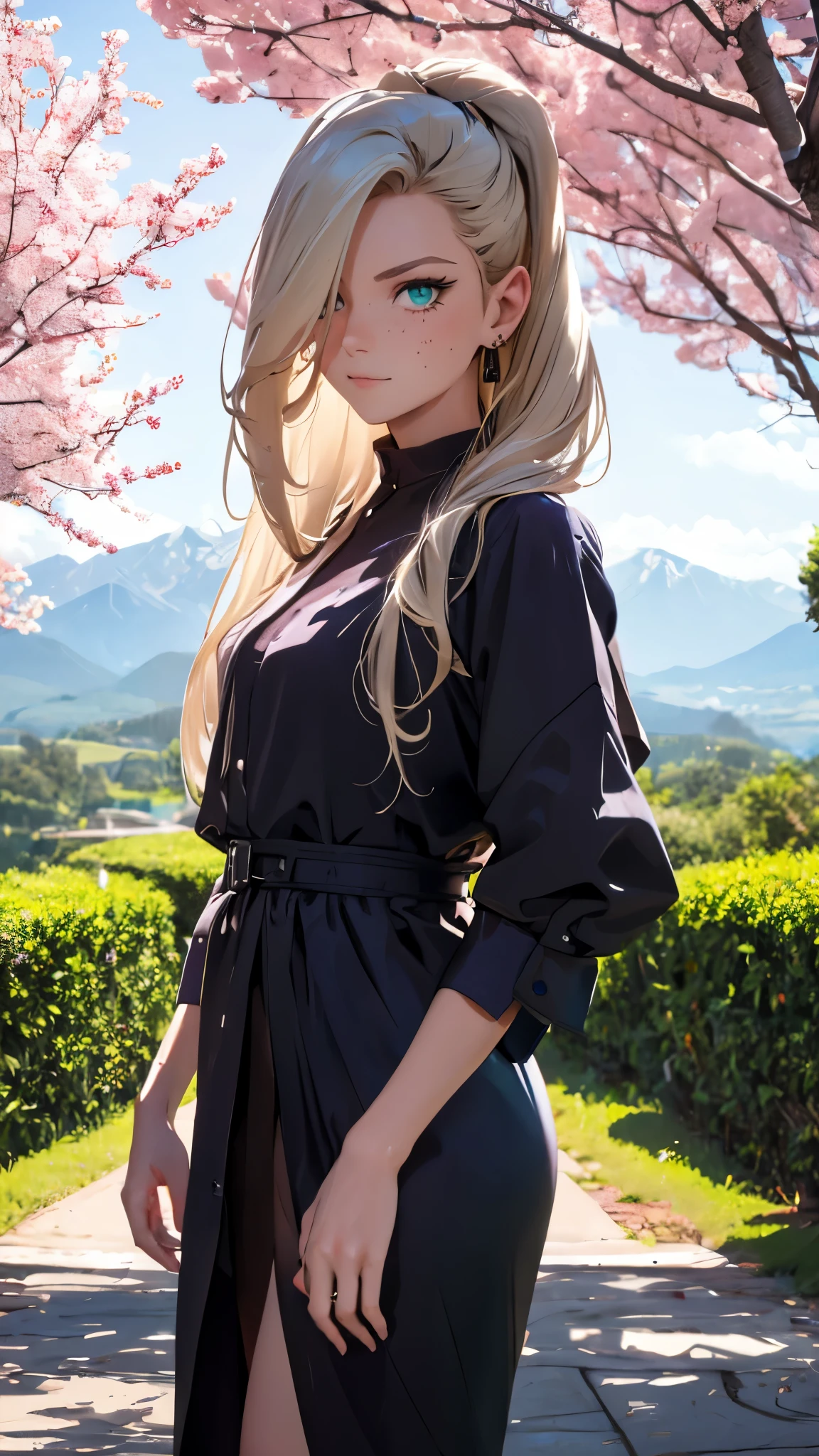 , of blue color). Hair is dark brown, with purple streaks. There are a few freckles around the eyes and on the cheeks. Dressed in a black dress with a high slit on the sides. Earrings with amber stones hang in the ears. In the background you can see a green meadow with cherry blossoms. White marble path underfoot, which looks shiny in the sun. A light breeze floats around the girl, tousling her hair. Mountains with snow-capped peaks can be seen in the background.. In the center of the frame, Ino Yamanaka smiles and holds a fan.. All this should be done in a photorealistic style with bright and saturated colors.