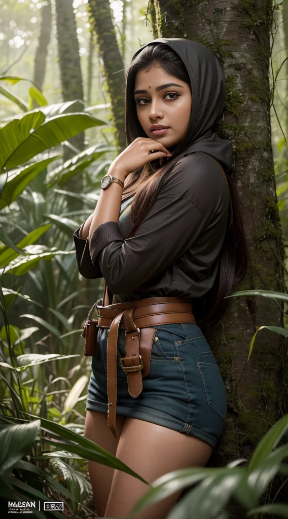 RAW, Best quality, high resolution, masterpiece: 1.3), beautiful Anu Sithara, Malayalam actress in hijau:0.8),Best quality, high resolution, Masterpiece: 1.3, Beautiful  hijabi malay girl, Masterpiece, Soft smile, Realistic, 1girl, charming eyes, glowing eyes,parted lips, big breast, Beautiful  woman in hijap, full-length, beautiful figure, aesthetics of the female body, savage from the islands, hunter of mysterious creatures, observing the creature, in ambush, studying the creature found, in ranger clothes, with a large backpack, detailed clothes, many pockets, many belts, everything  hung with gadgets, catches small mysterious creatures, hunts small creatures, mysterious forest, beautiful forest, nature surrounded by flowers,  tender leaves and branches surrounded by fireflies (natural elements), (jungle theme), (leaverancheireflies), (particle effects), etc.3D Octane rendering, ray tracing, super detailing viewer, closeup