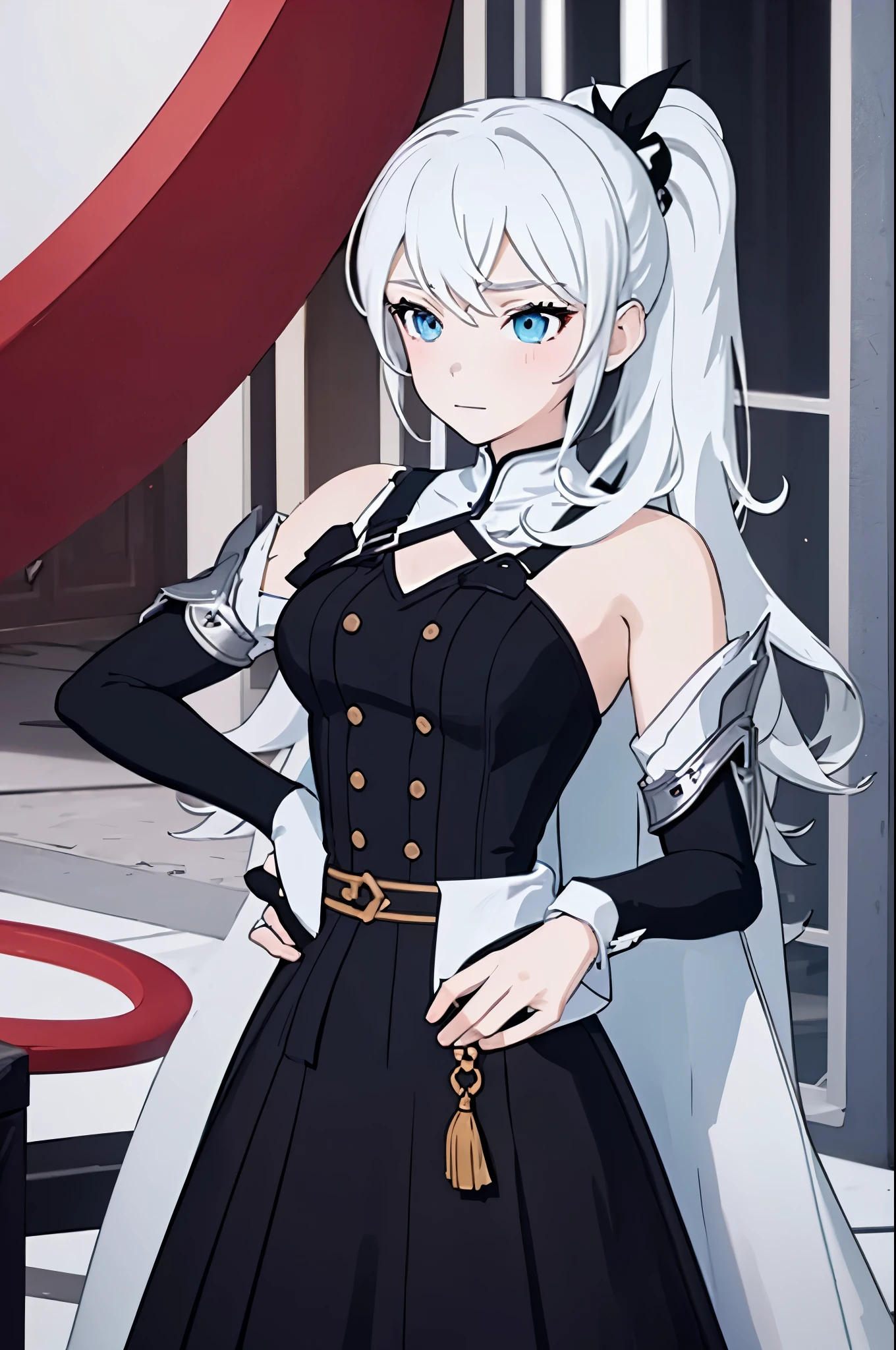 1024 X 1536, (masterpiece), maximum quality, 1girl, pale skin, white hair, blue eyes, long hair, ponytail, willow schnee from rwby, huge breasts, confident look,