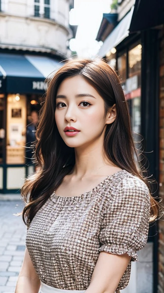 dark brown hair、Light brown eyes、Japanese actress face、 Lady、looks like him;I'm about 40 years old、(intricate-detail:1.2)、(top-quality:1.4)、 (Super high resolution:1.2)、Super high resolution、(A detailed eye)、(detailed facial features)、ticker、8K resolution、D-cup size ???????、long hair、In the background you can see the classical and traditional fashionable streets of Paris.、one piece、Standing leaning ???????????????? of a fashionable cafe in Paris、